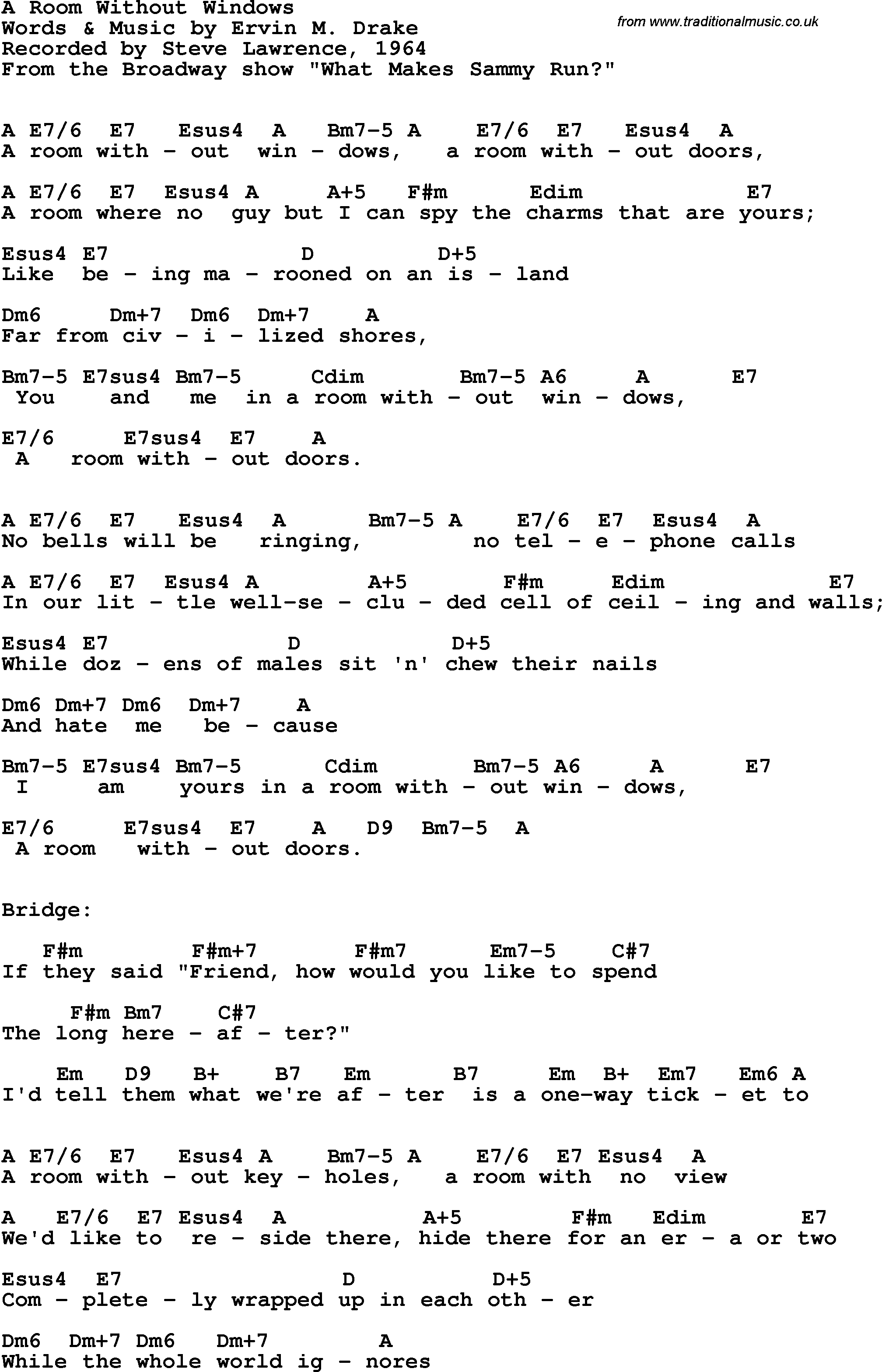 Song Lyrics with guitar chords for Room Without Windows, A - Steve Lawrence, 1964