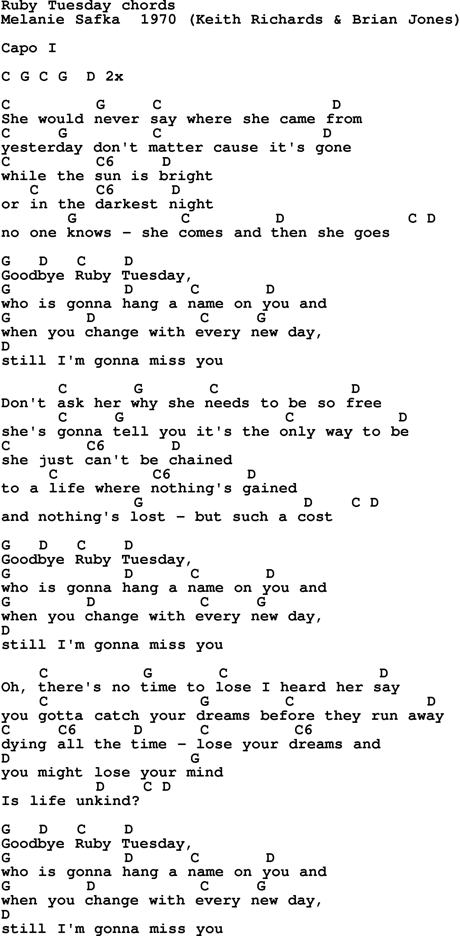 Song lyrics with guitar chords for Ruby Tuesday - The Beatles