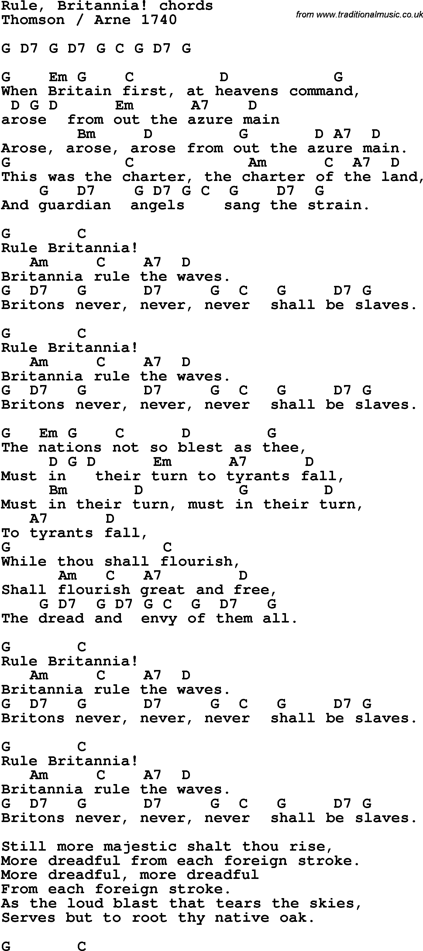 Song Lyrics with guitar chords for Rule, Britannia