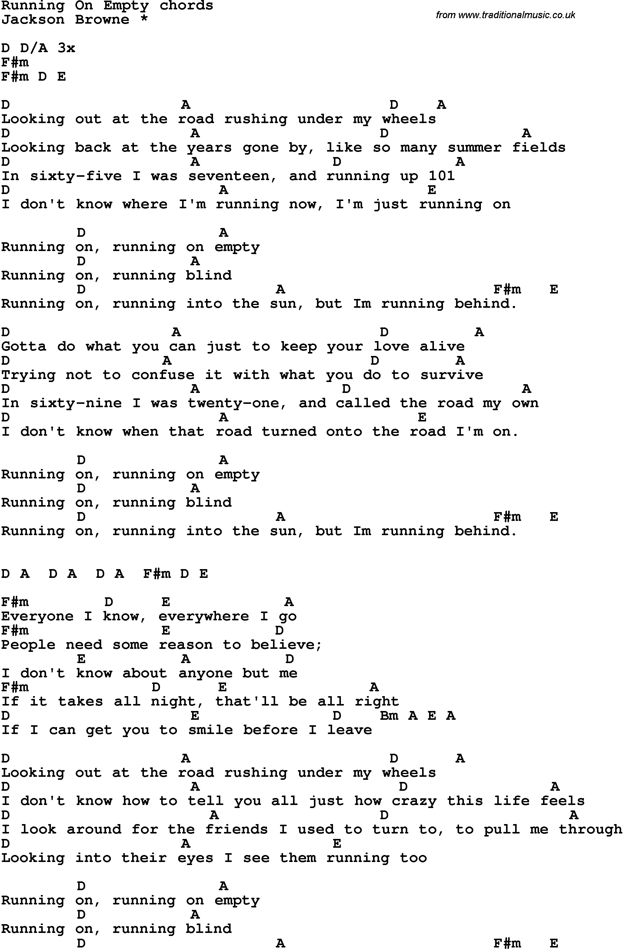 Song Lyrics with guitar chords for Running On Empty