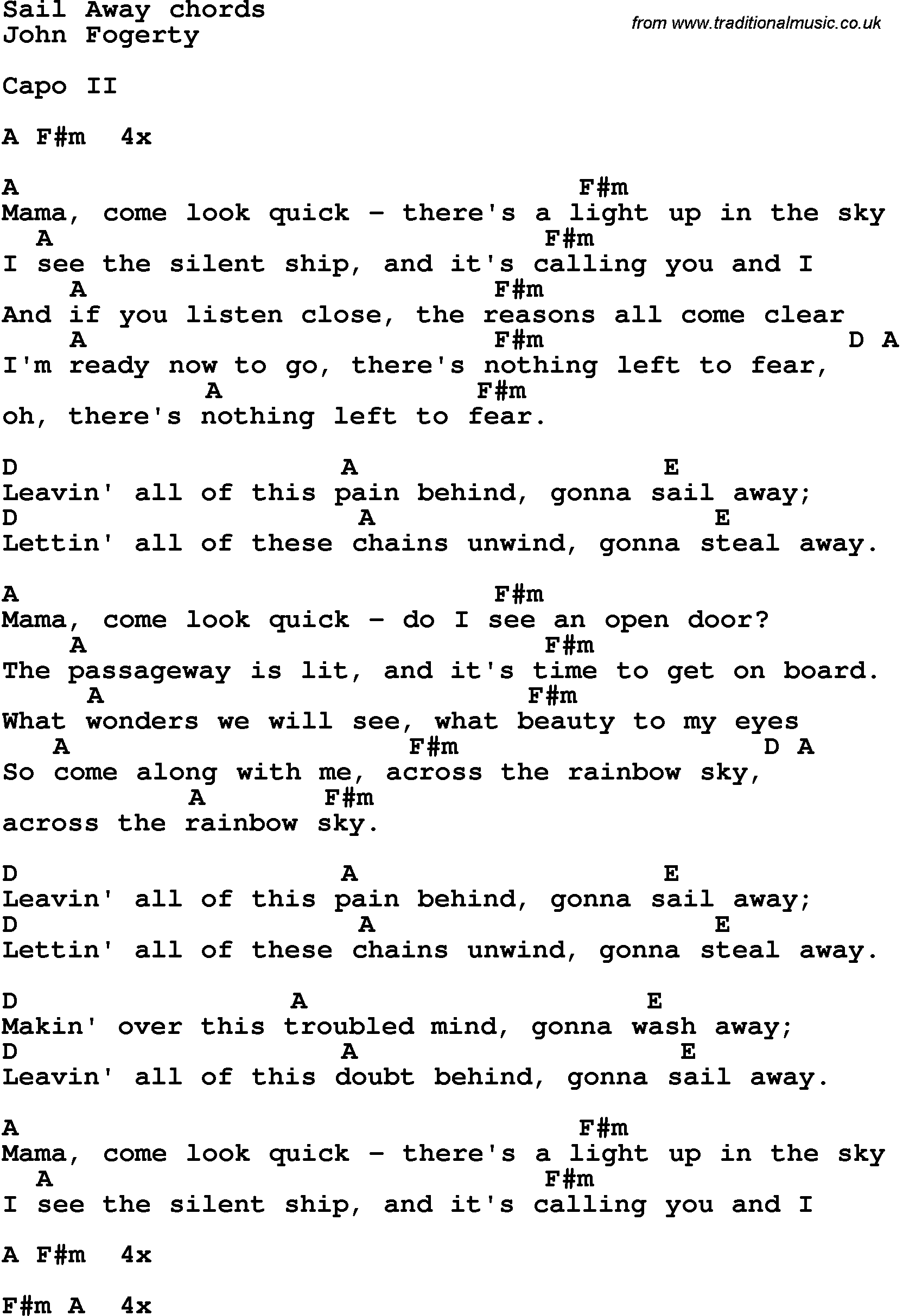 Song Lyrics with guitar chords for Sail Away