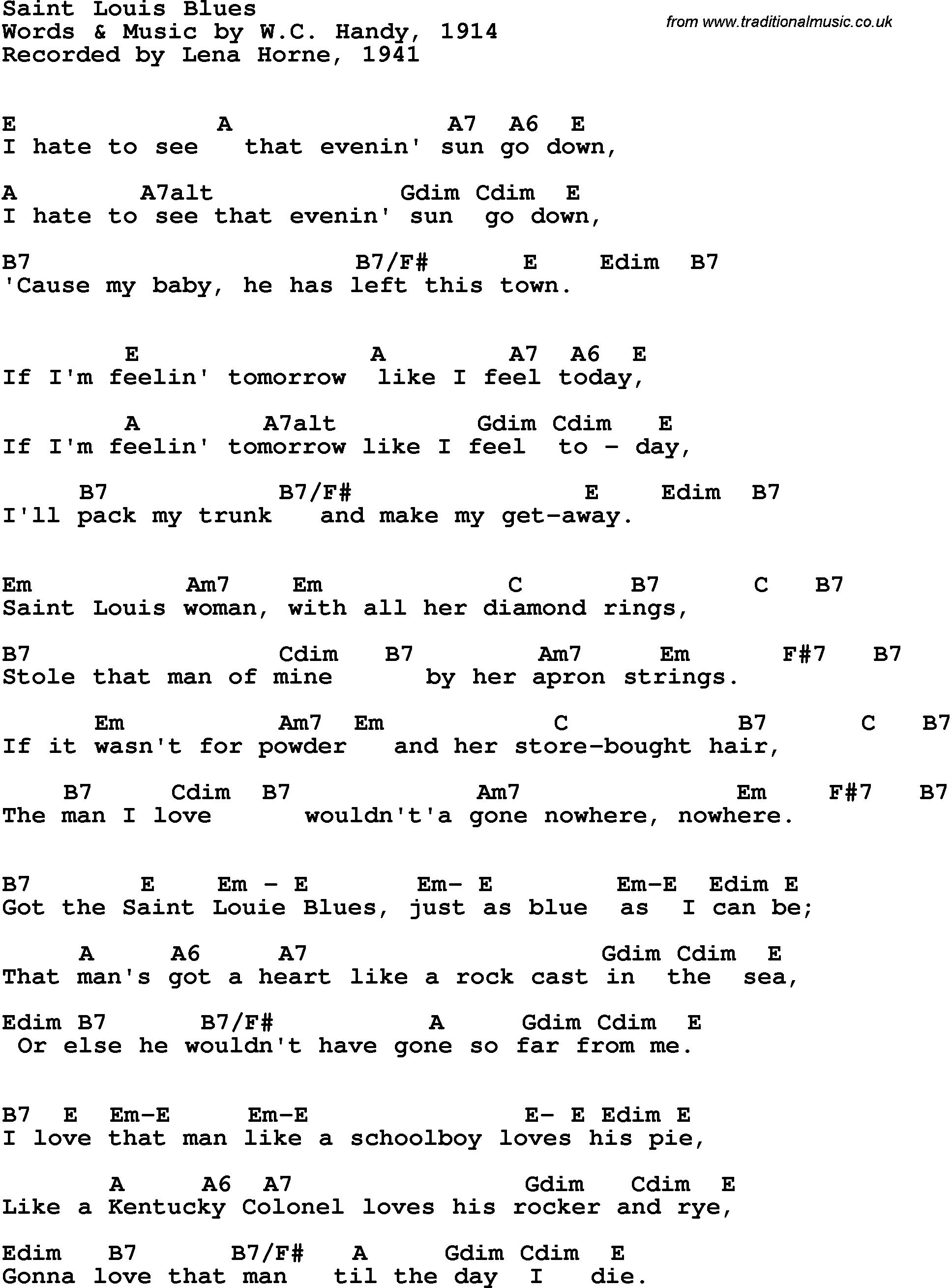 Song Lyrics with guitar chords for Saint Louis Blues - Lena Horne, 1941