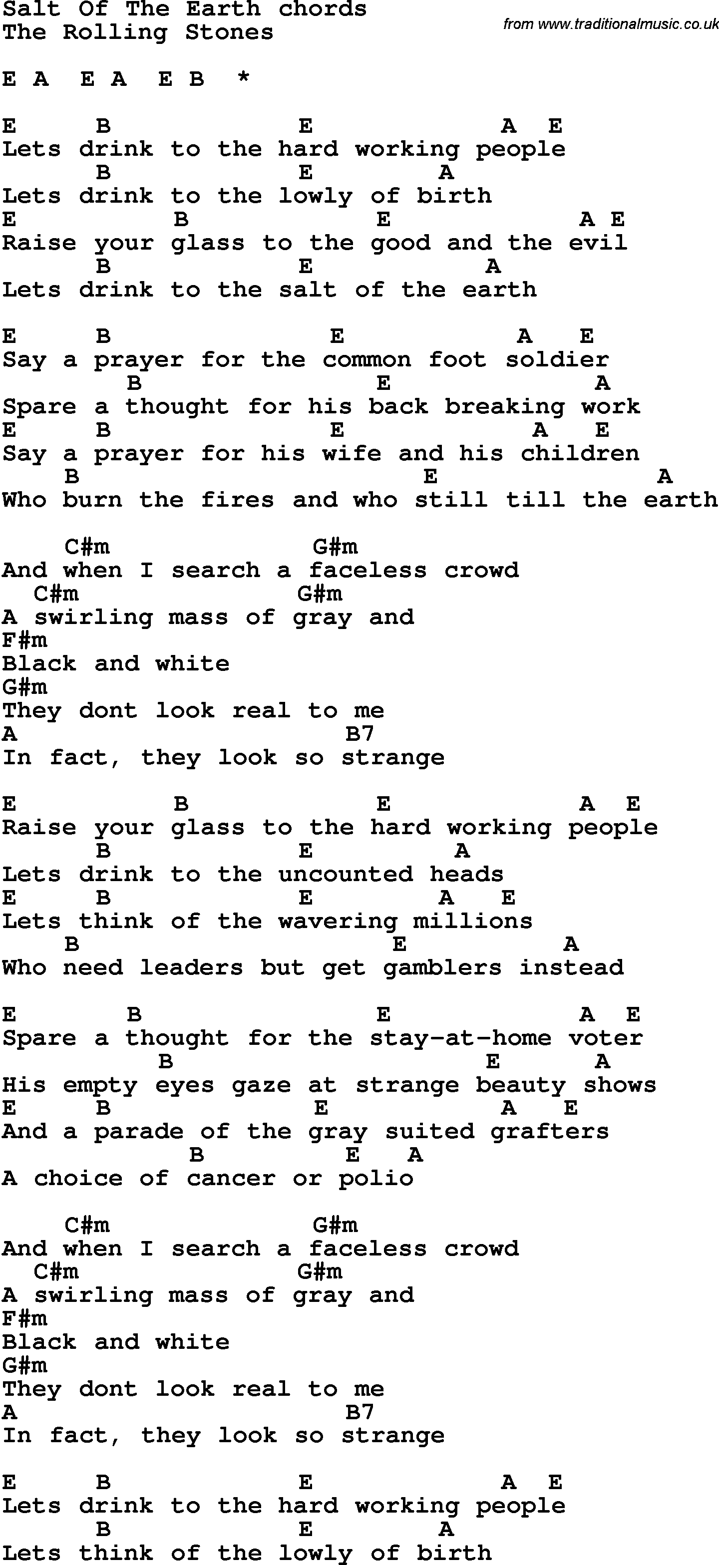 Song Lyrics with guitar chords for Salt Of The Earth