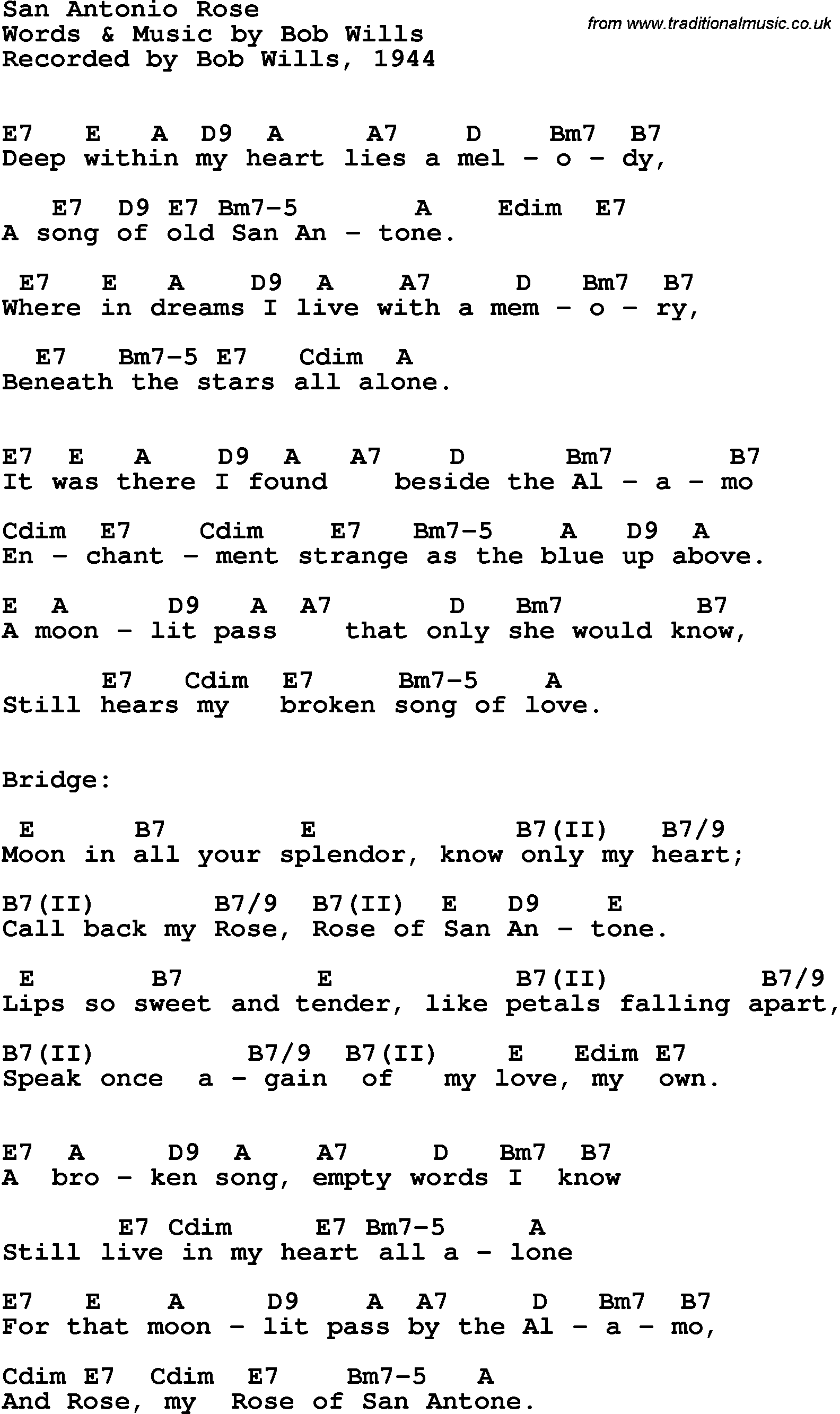 Song lyrics with guitar chords for San Antonio Rose - Bob Wills, 1944