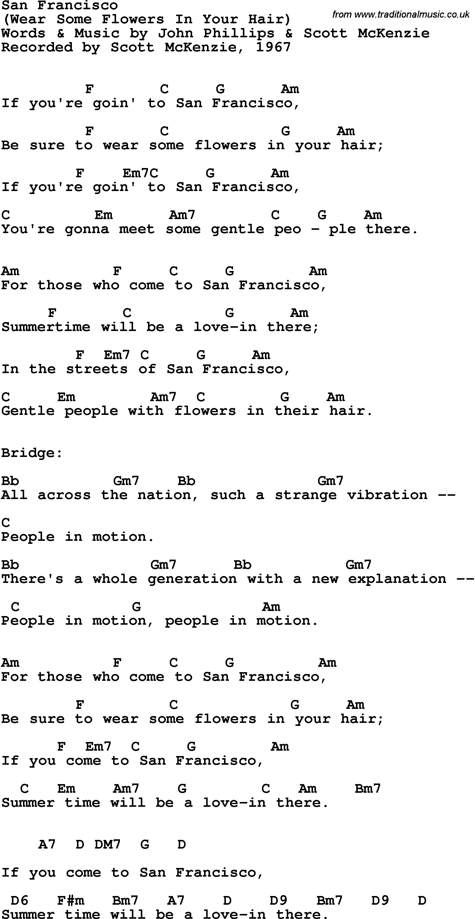 Song Lyrics with guitar chords for San Francisco (Wear Some Flowers In Your Hair) - Scott Mckenzie, 1967
