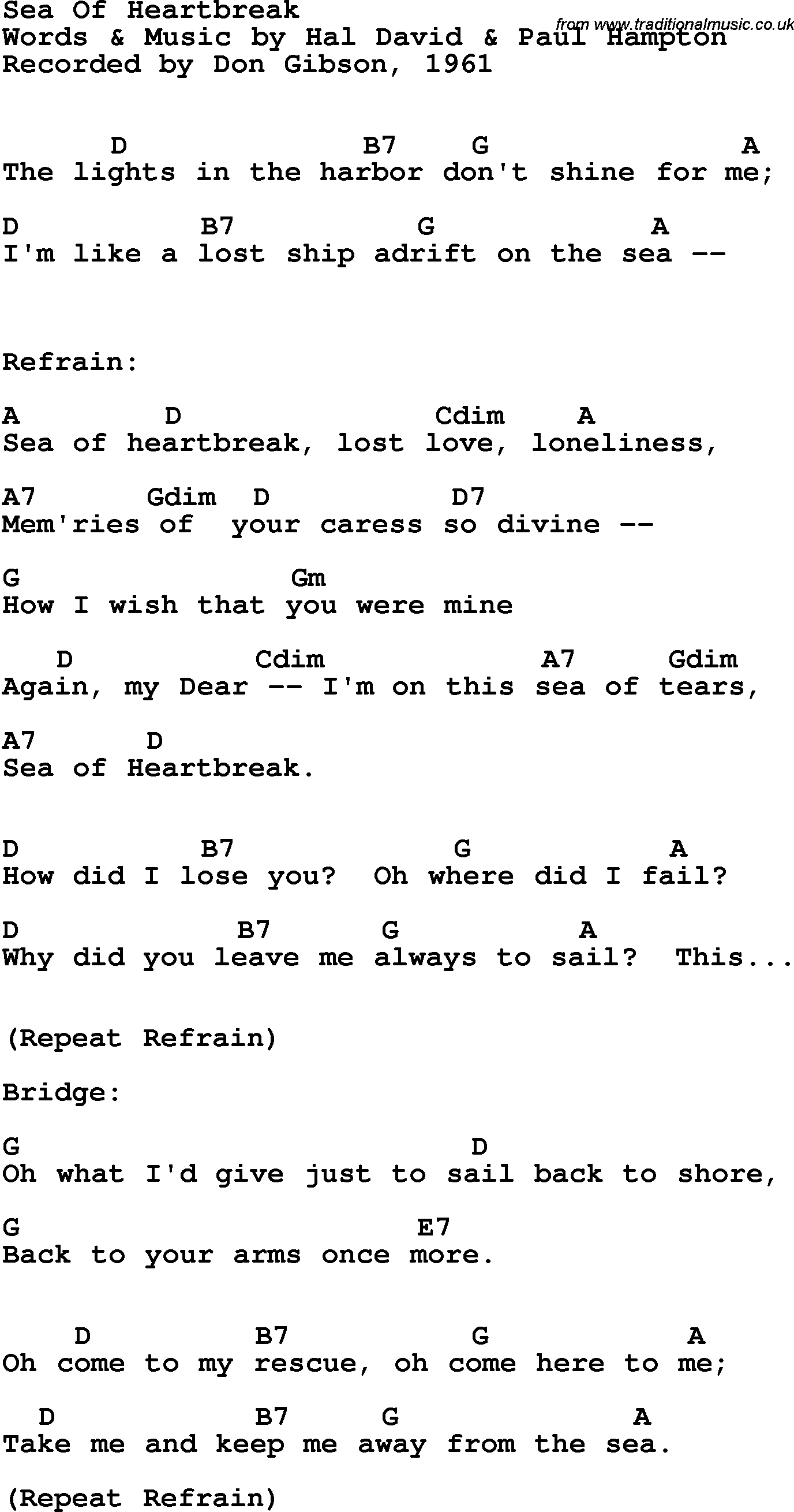 Song Lyrics with guitar chords for Sea Of Heartbreak - Don Gibson, 1961