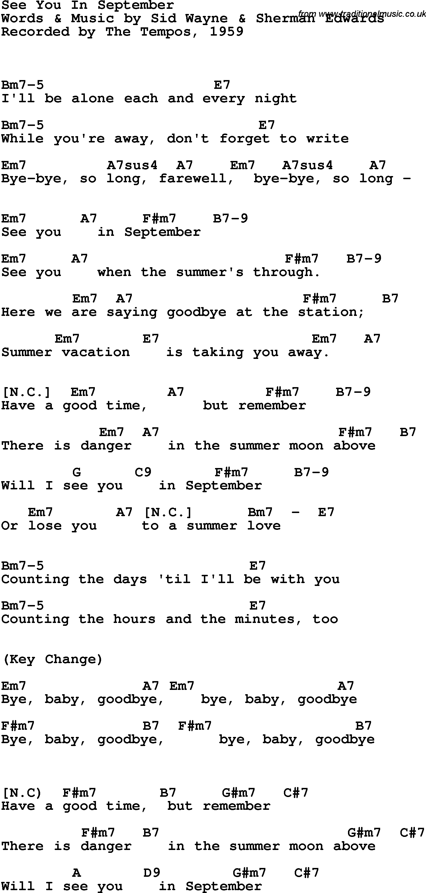 Song Lyrics with guitar chords for See You In September - The Tempos, 1959
