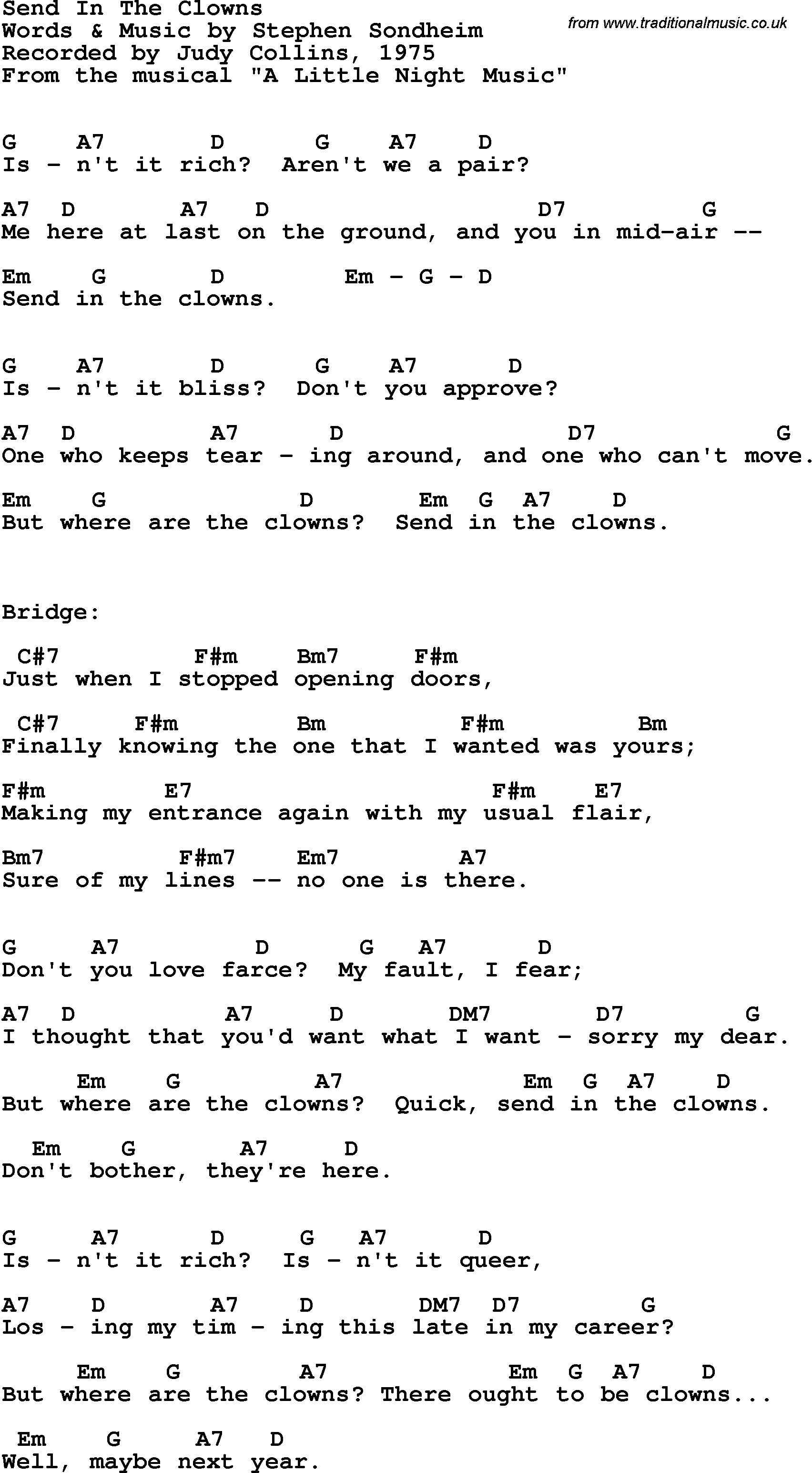 Song Lyrics with guitar chords for Send In The Clowns - Judy Collins, 1975