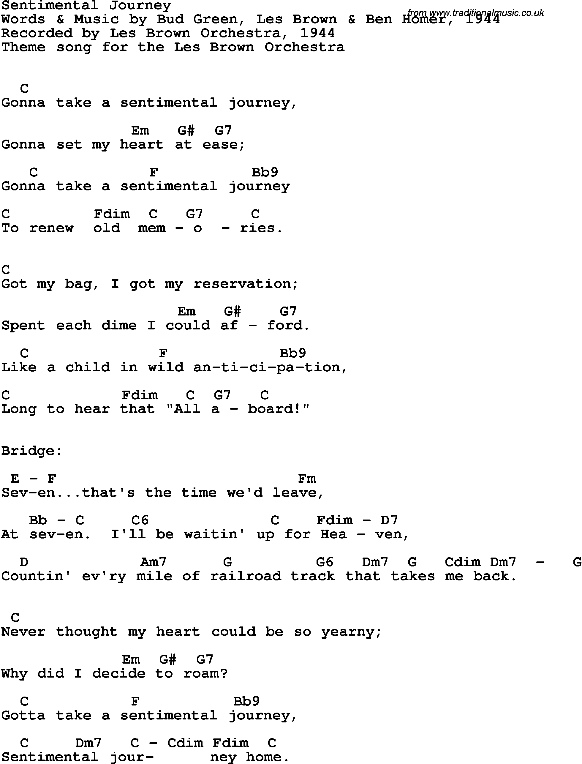 Song Lyrics with guitar chords for Sentimental Journey - Les Brown Orchestra, 1944