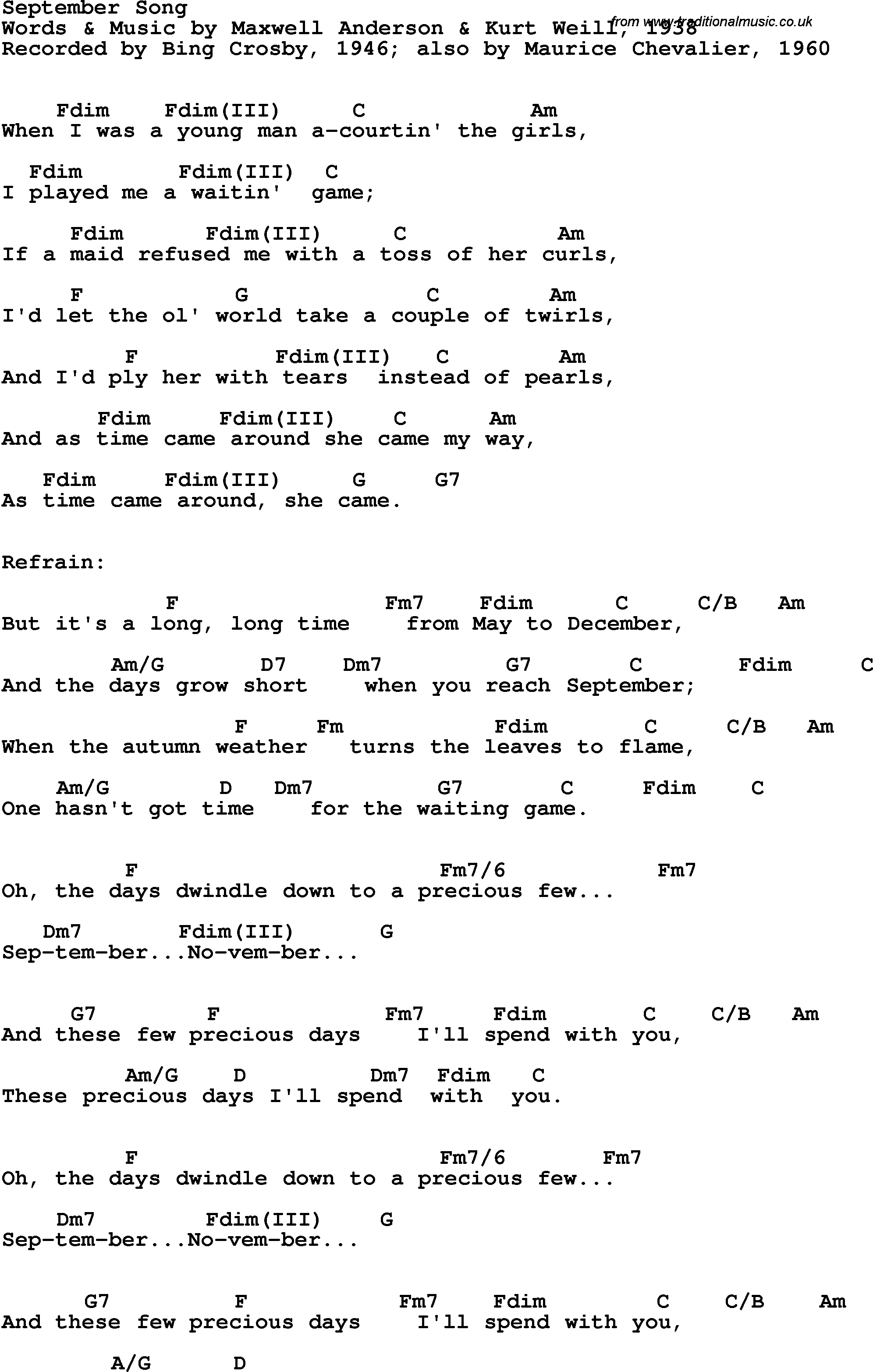 Relatie nakoming maandelijks Song lyrics with guitar chords for September Song - Bing Crosby, 1946