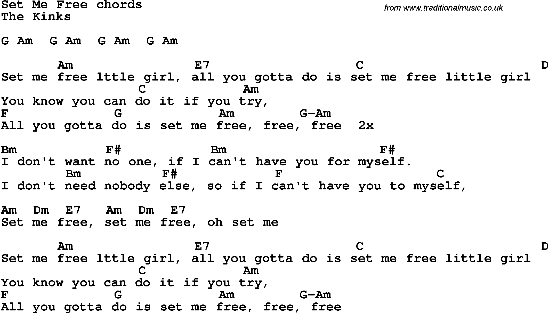 Song lyrics with guitar chords for Set Me Free.