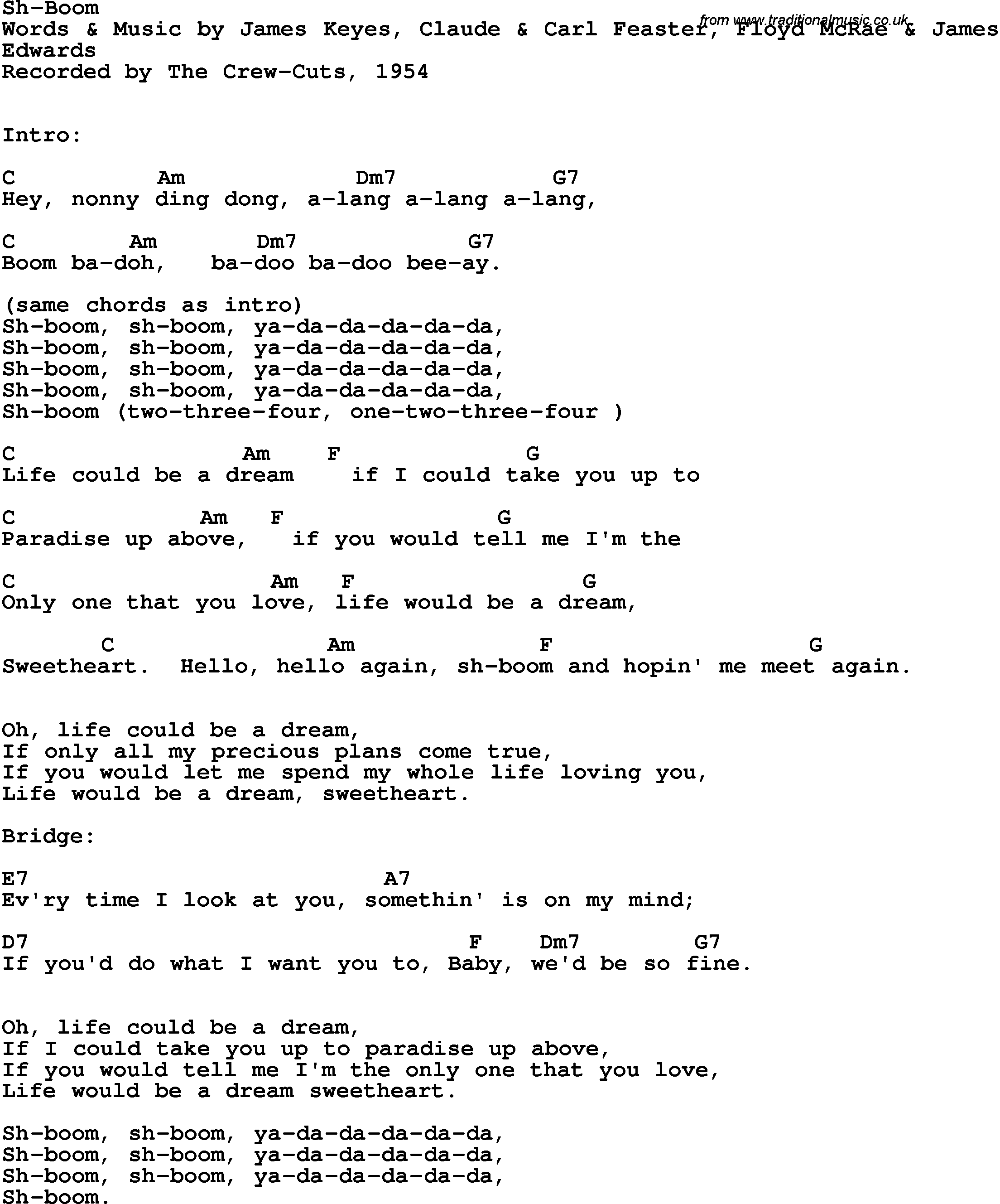 Song Lyrics with guitar chords for Sh-boom - The Crew Cuts, 1954