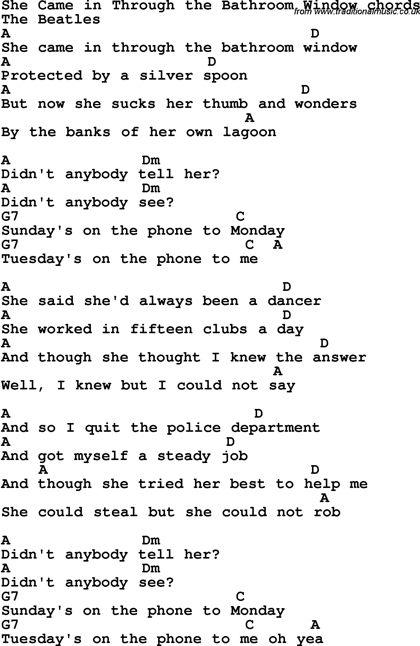 Song Lyrics with guitar chords for She Came In Through The Bathroom Window