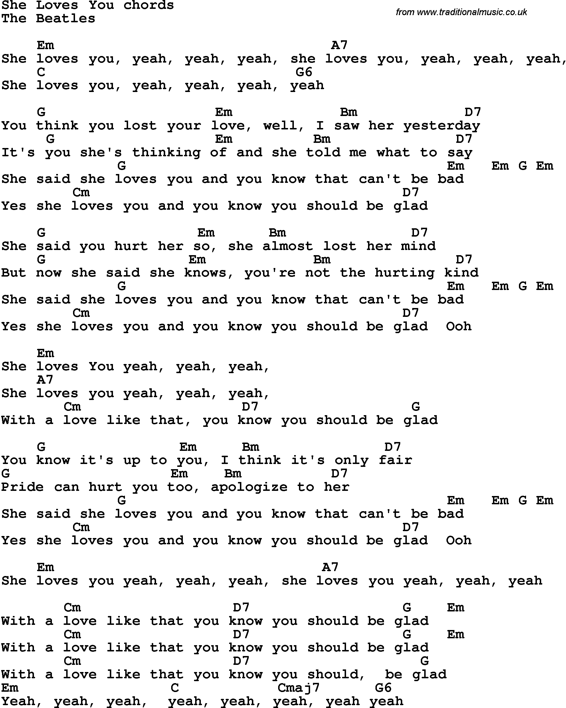 Song Lyrics with guitar chords for She Loves You - The Beatles
