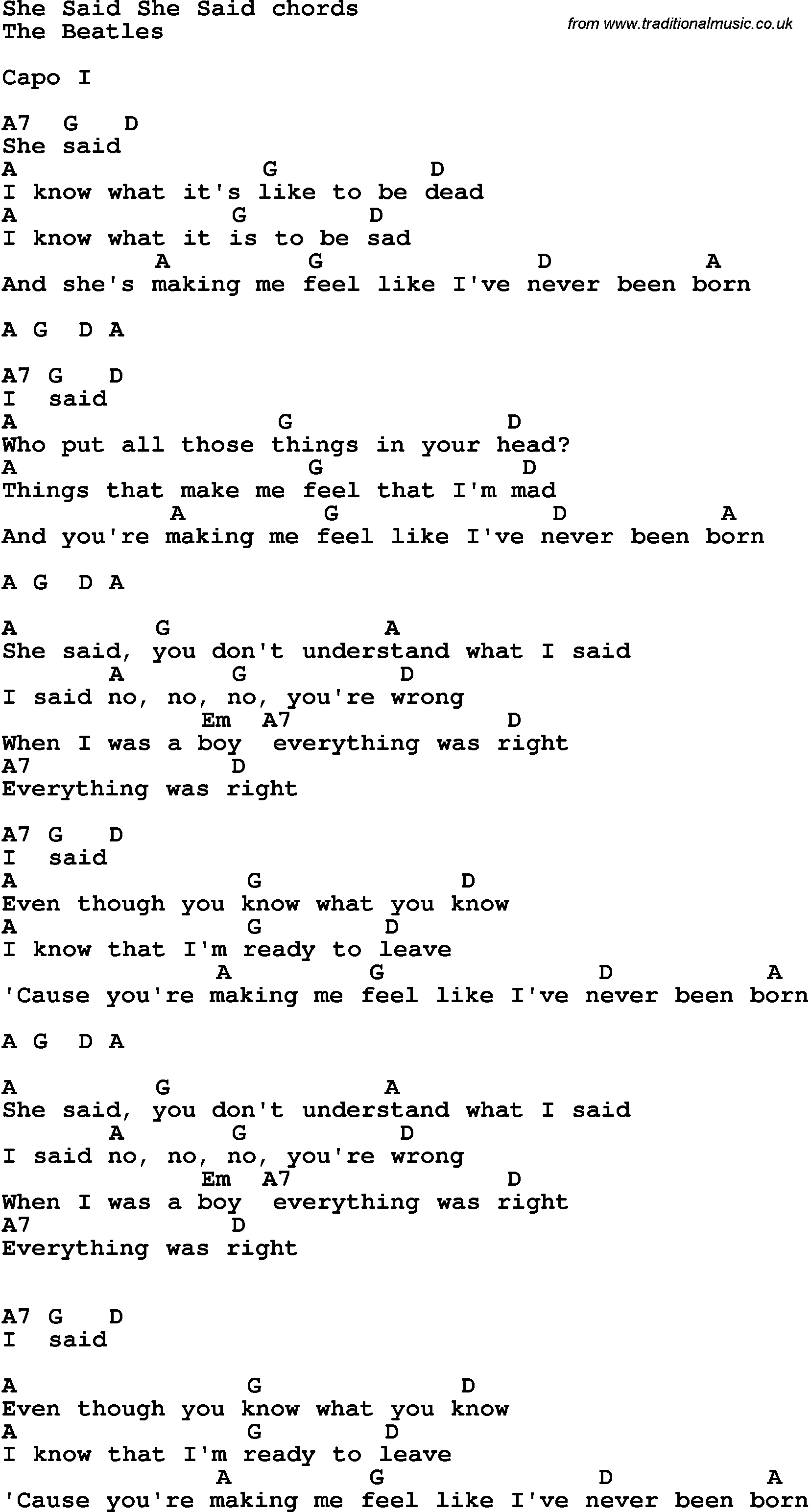 Song Lyrics with guitar chords for She Said She Said - The Beatles