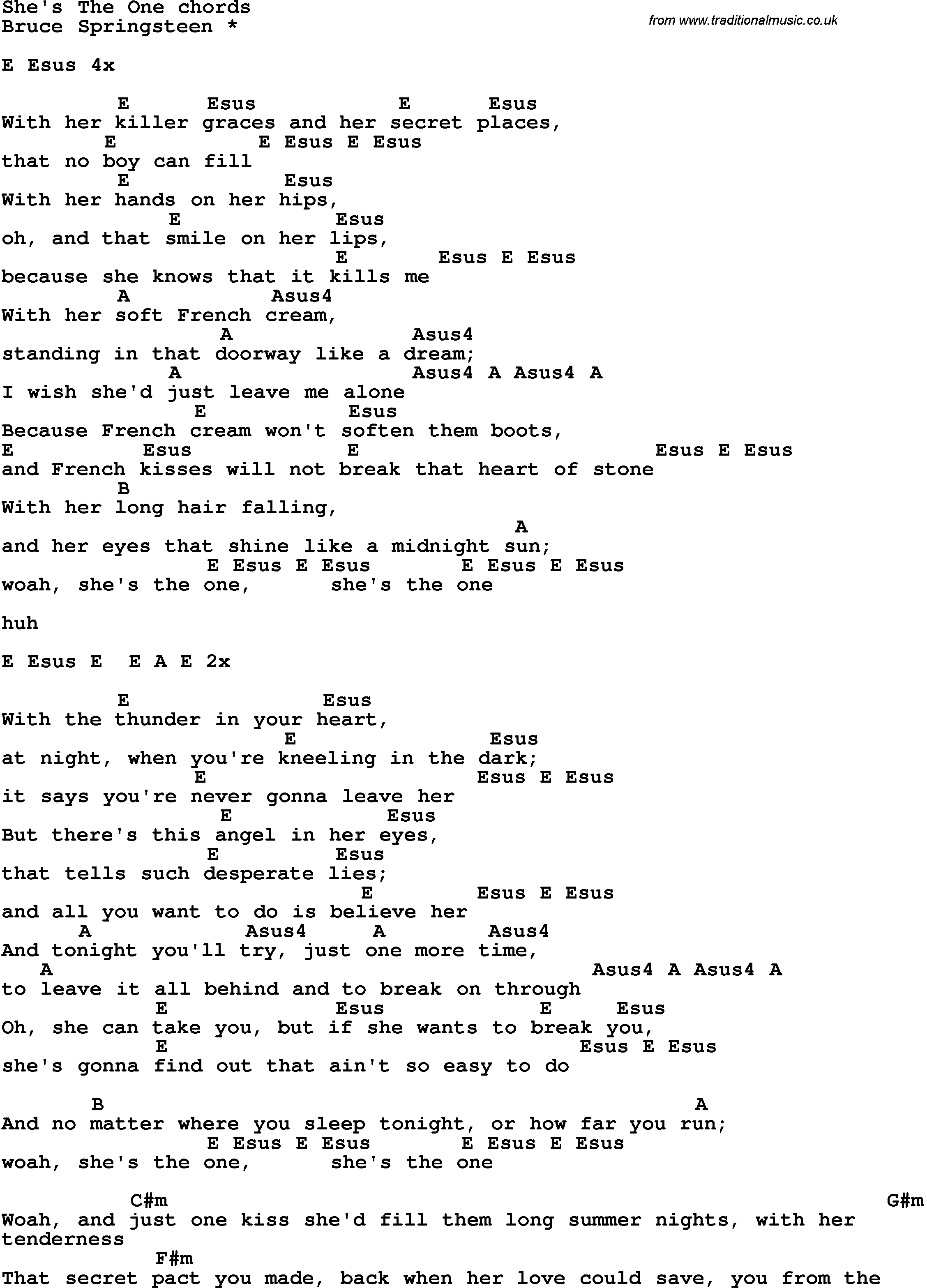 Song Lyrics with guitar chords for She's The One