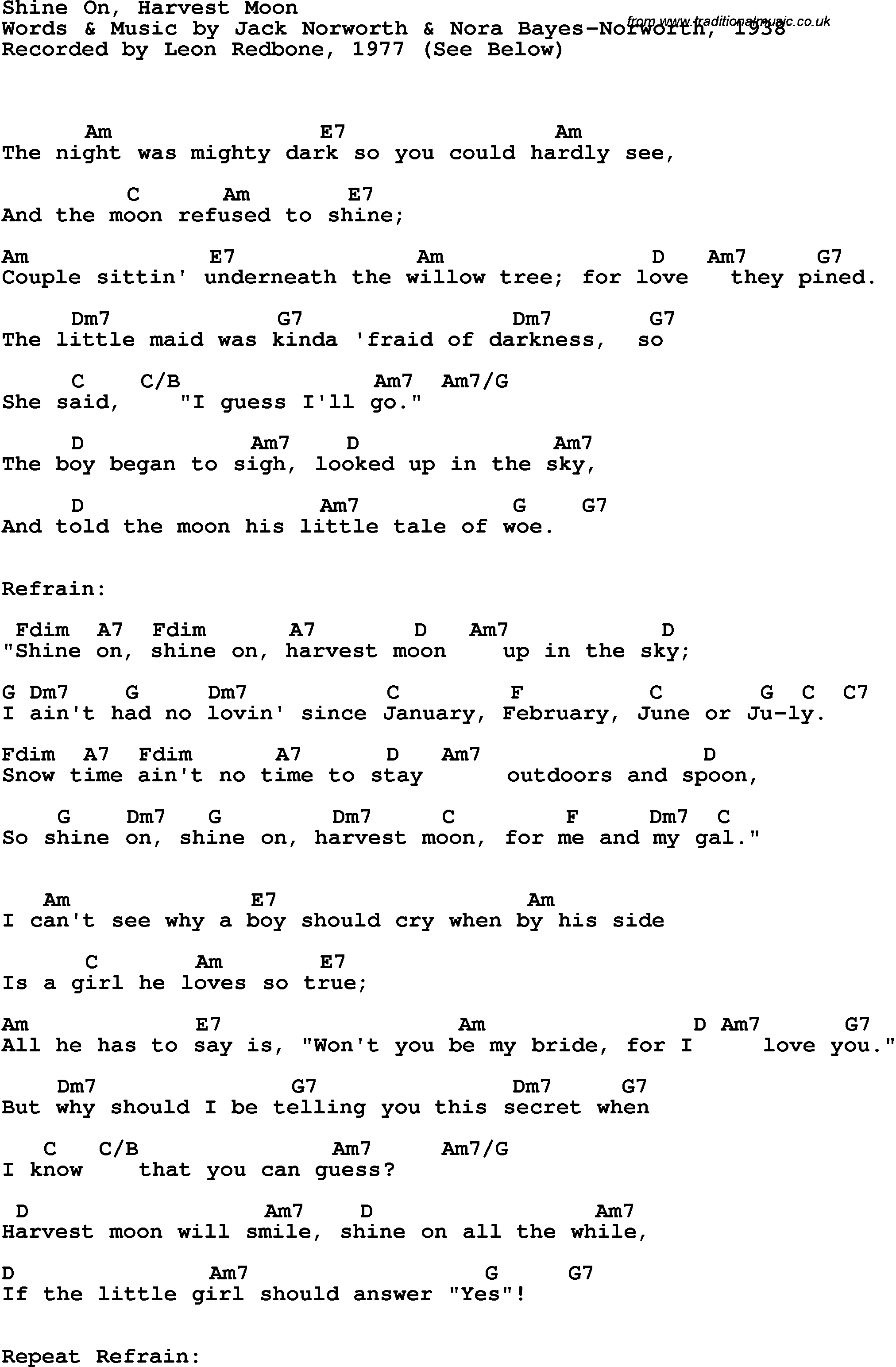 Song Lyrics with guitar chords for Shine On, Harvest Moon - Leon Redbone, 1977