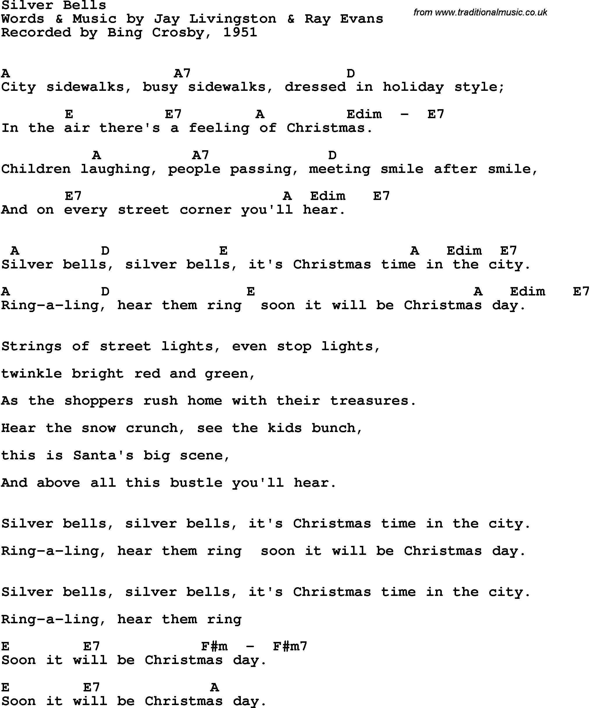 Song Lyrics with guitar chords for Silver Bells - Bing Crosby, 1951