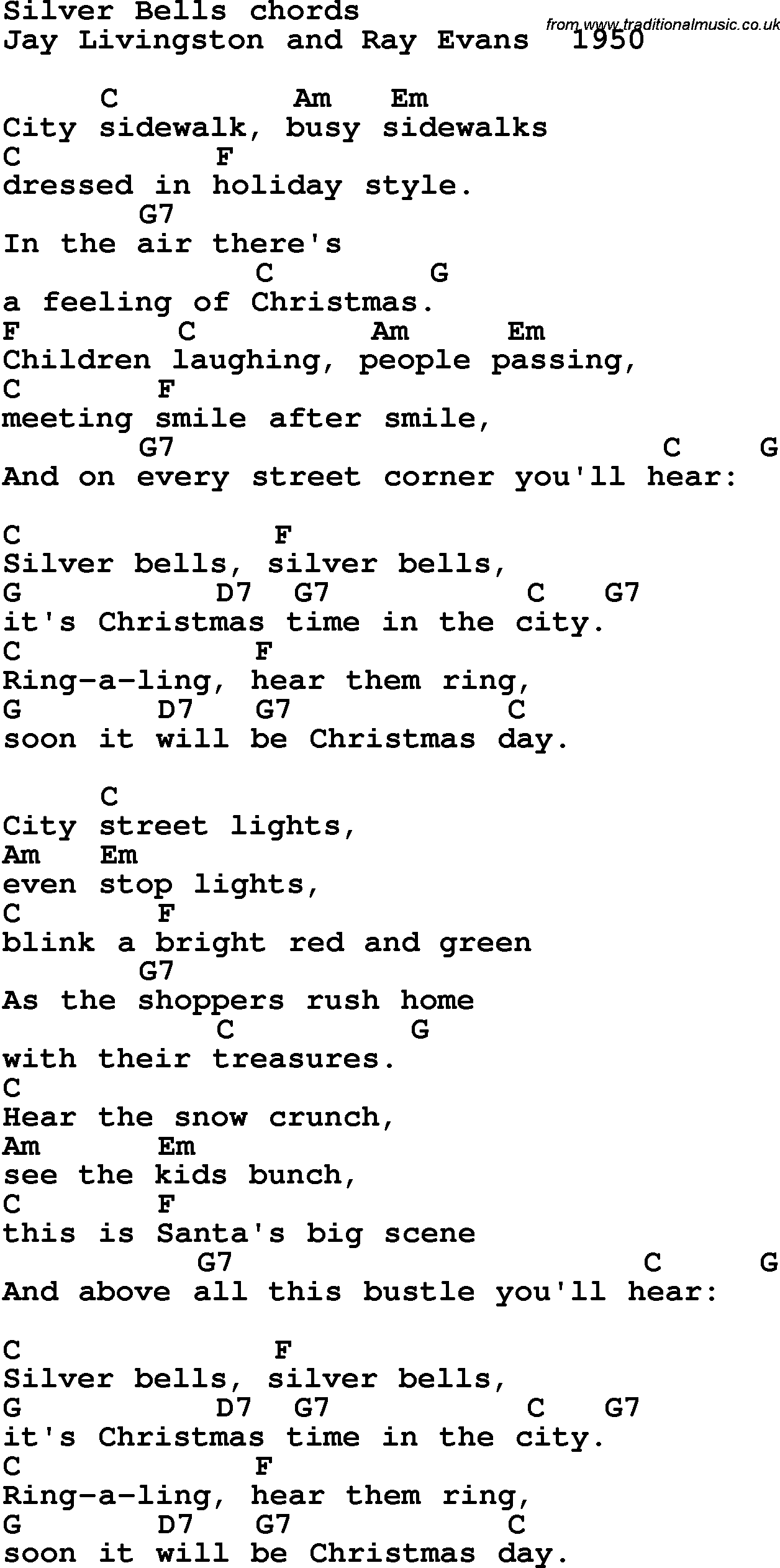 Song Lyrics with guitar chords for Silver Bells - Jay Livingston and Ray Evans  1950