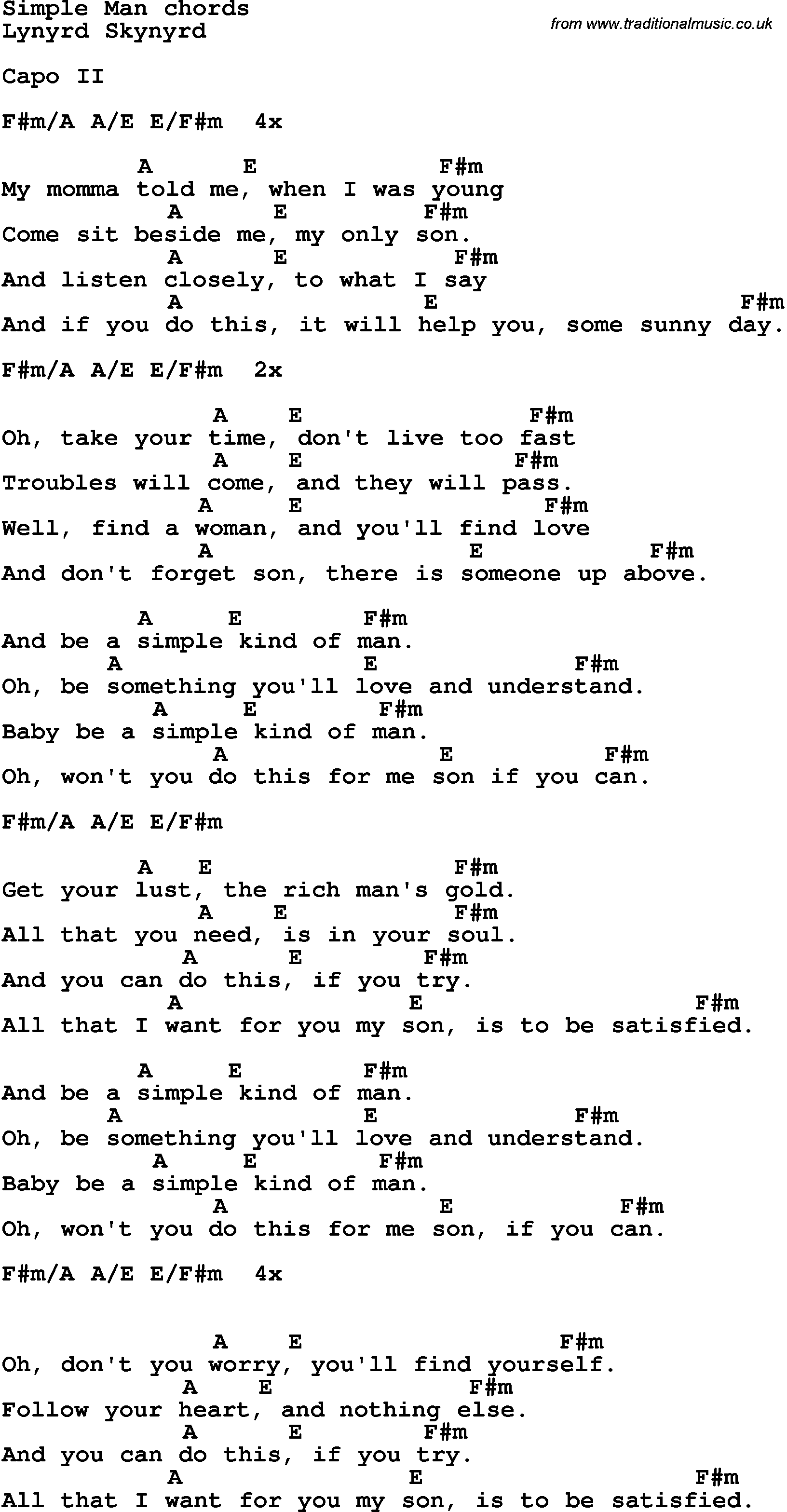 Song Lyrics with guitar chords for Simple Man