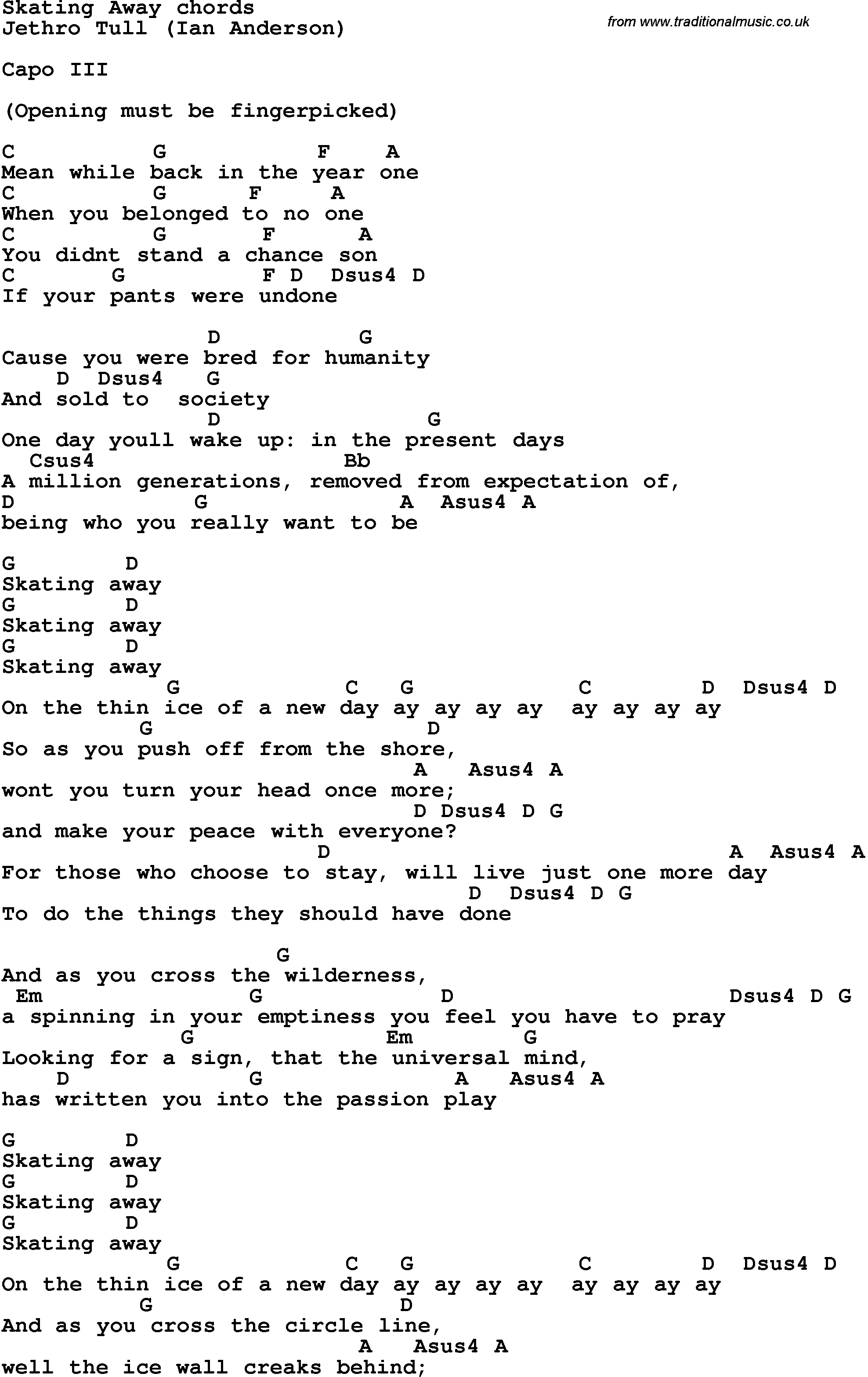 Song Lyrics with guitar chords for Skating Away