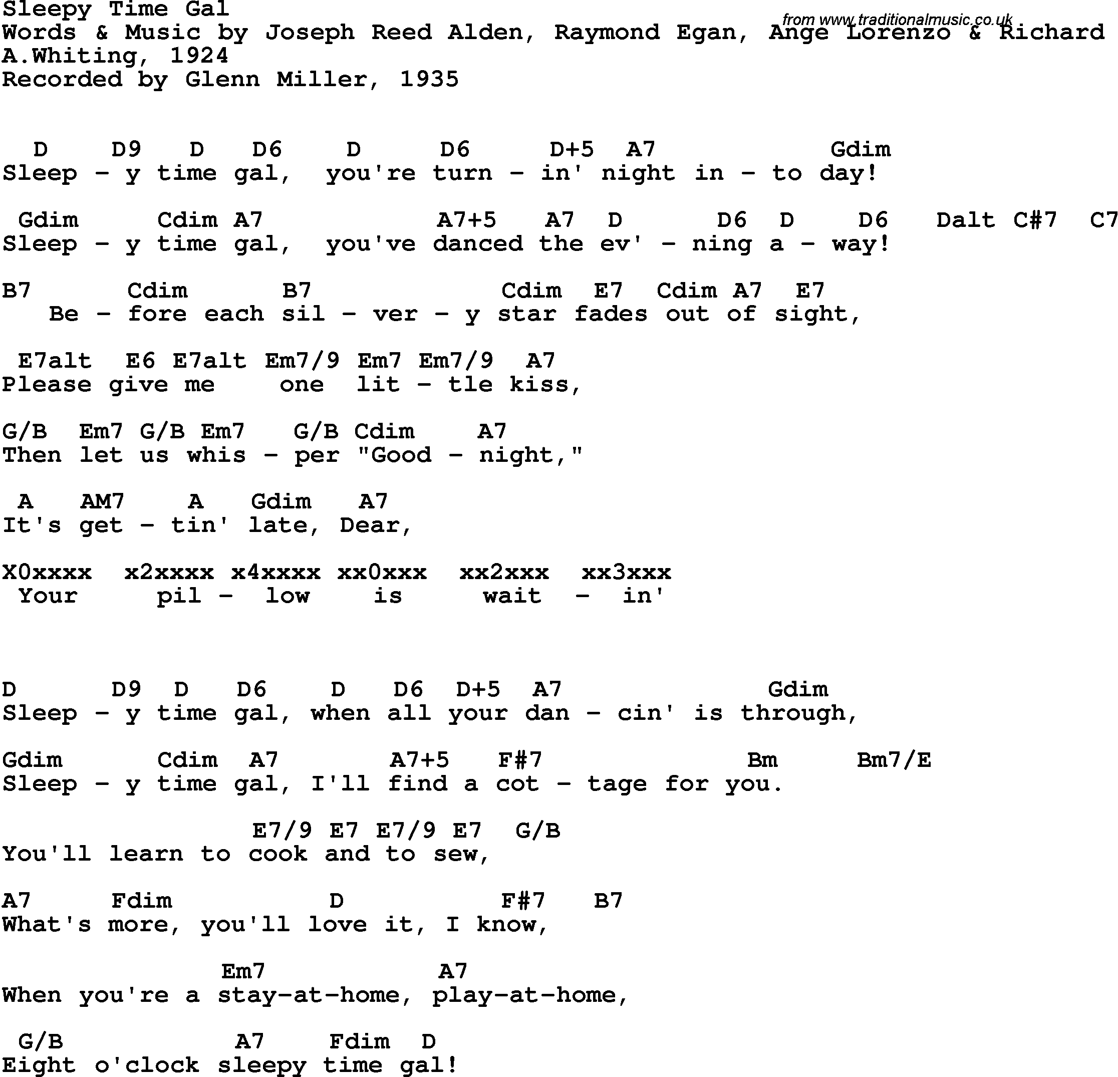 Song Lyrics with guitar chords for Sleepy Time Gal - Glenn Miller, 1935