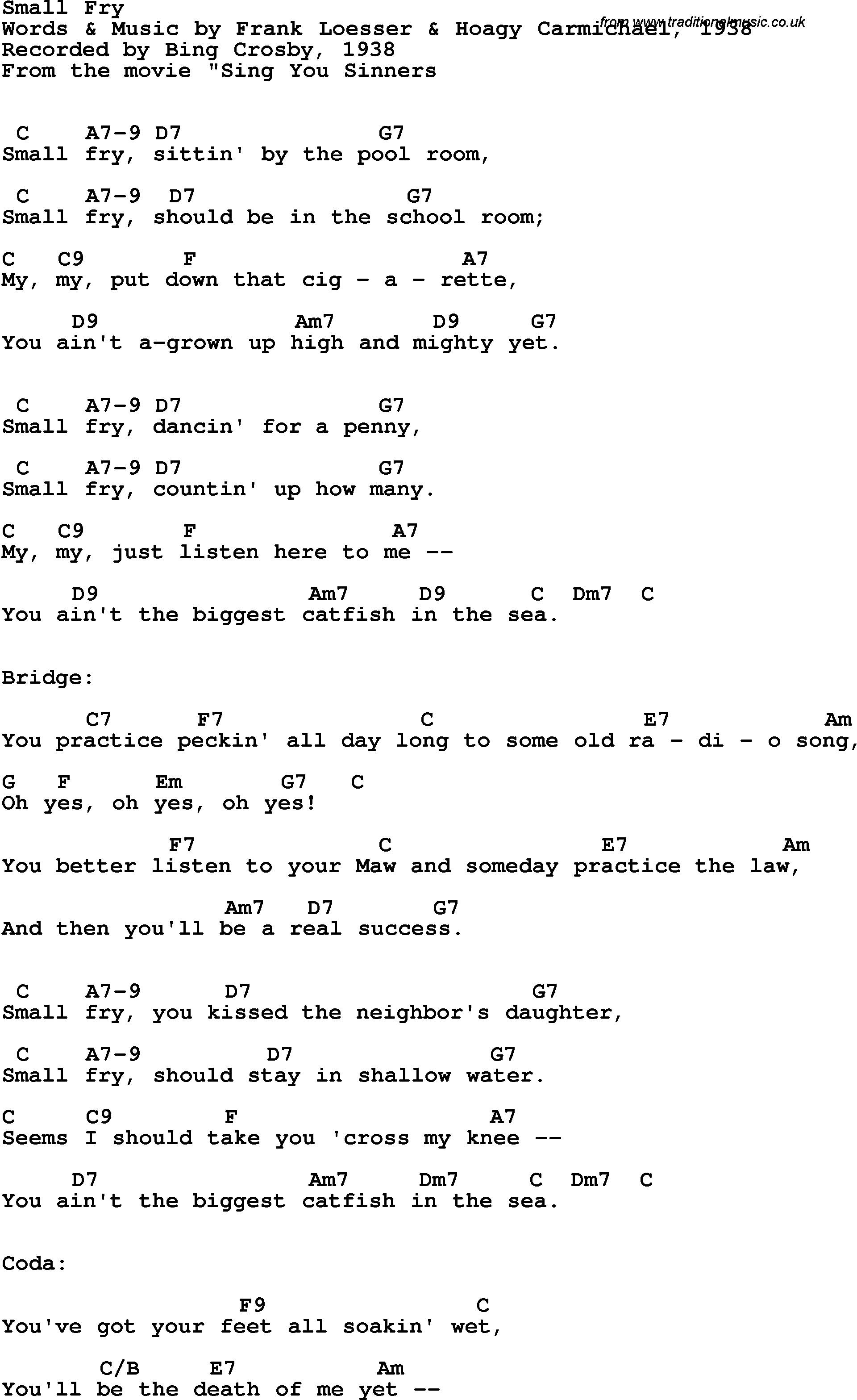 Song Lyrics with guitar chords for Small Fry - Bing Crosby, 1938