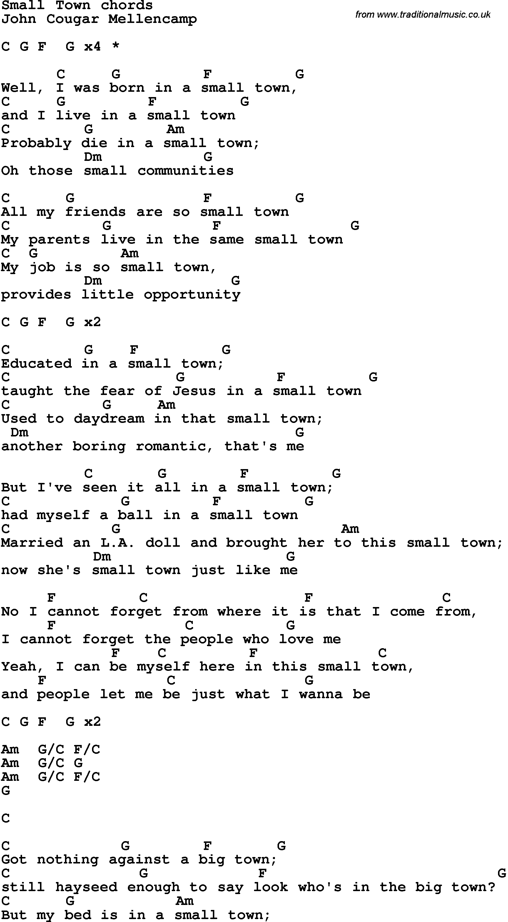 Song Lyrics with guitar chords for Small Town