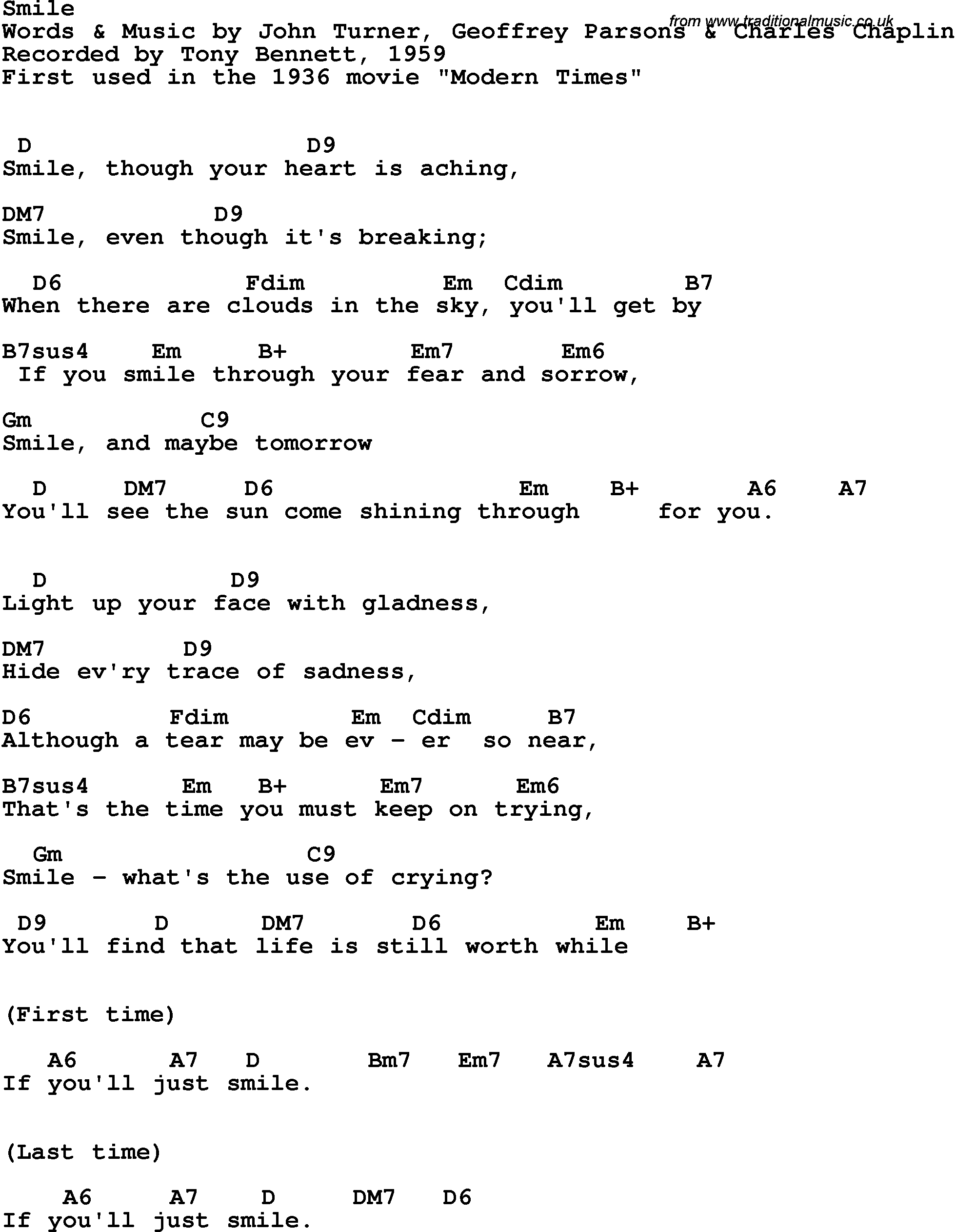 Song Lyrics with guitar chords for Smile - Tony Bennett, 1959