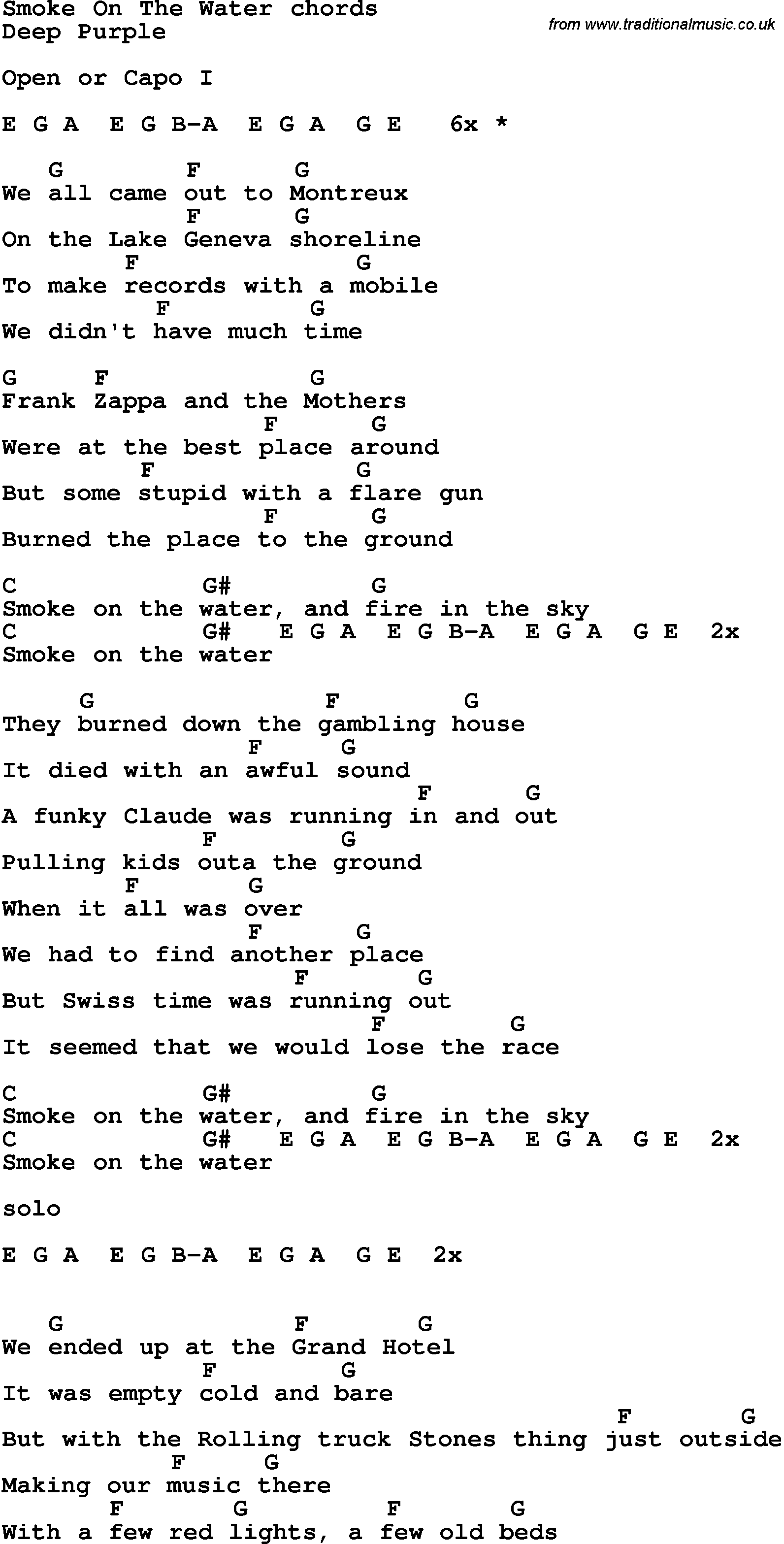 Song Lyrics with guitar chords for Smoke On The Water