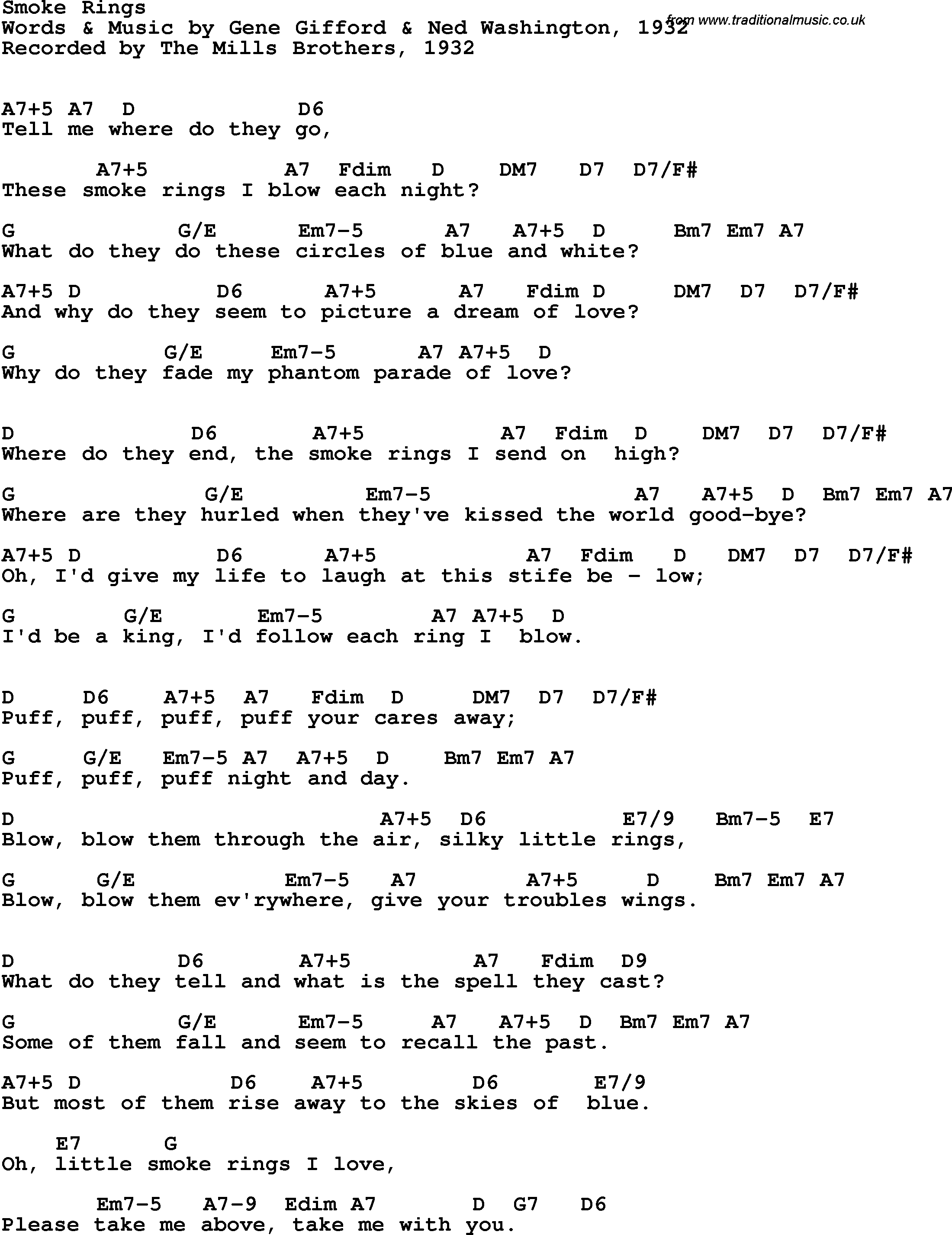 Song Lyrics with guitar chords for Smoke Rings - The Mills Brothers, 1932