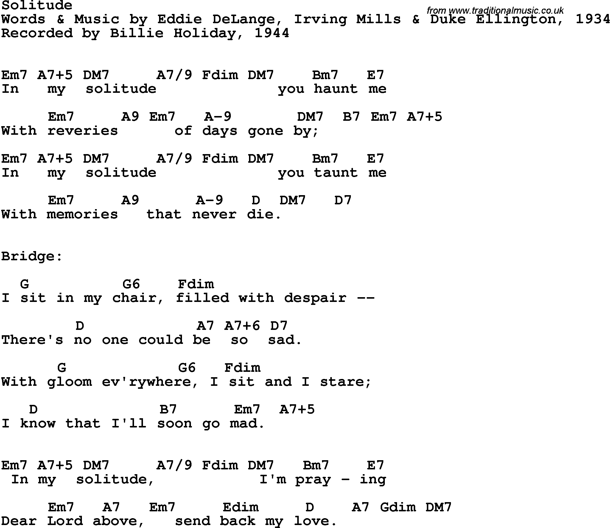 Song Lyrics with guitar chords for Solitude - Billie Holiday, 1944