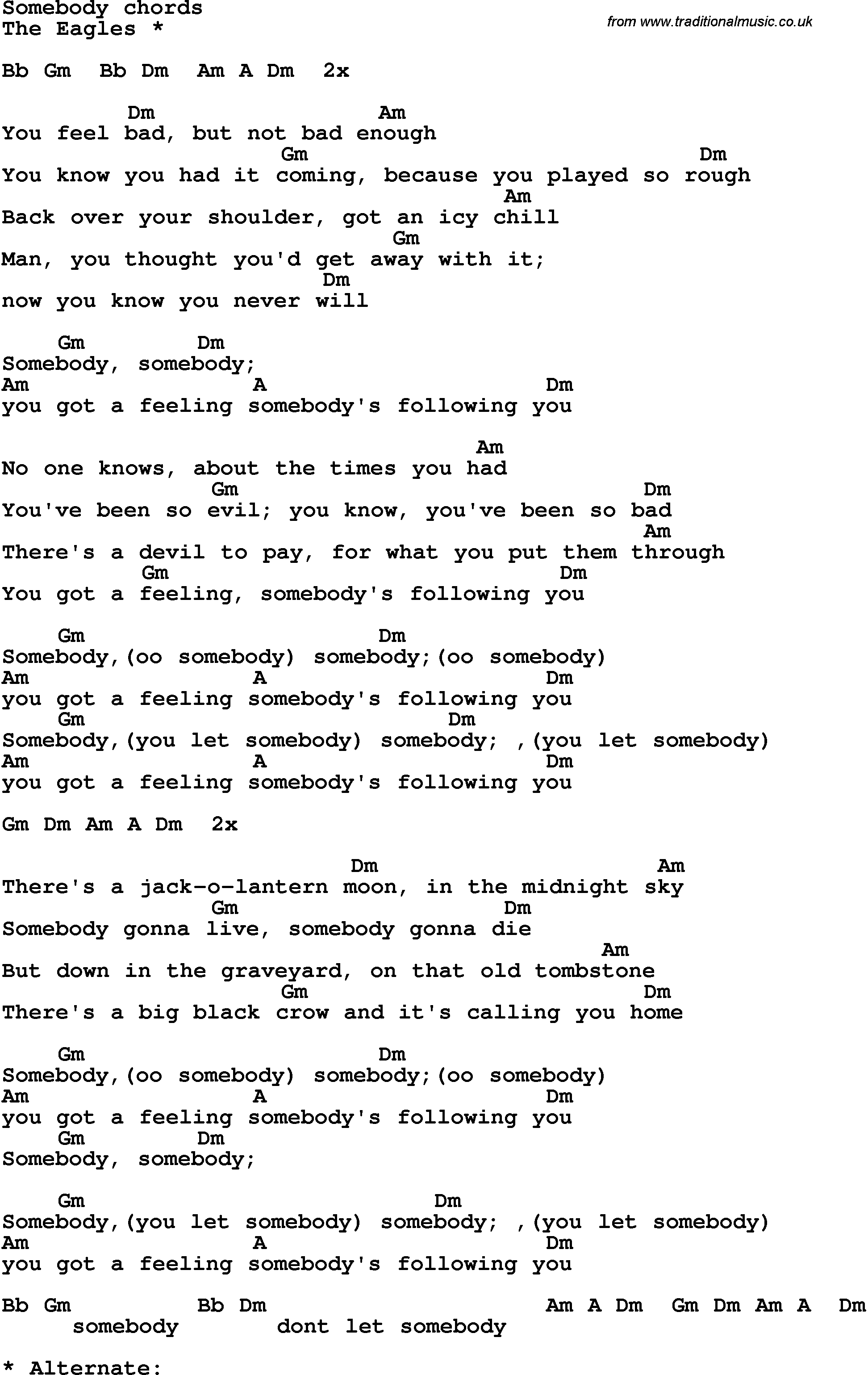 Song Lyrics with guitar chords for Somebody