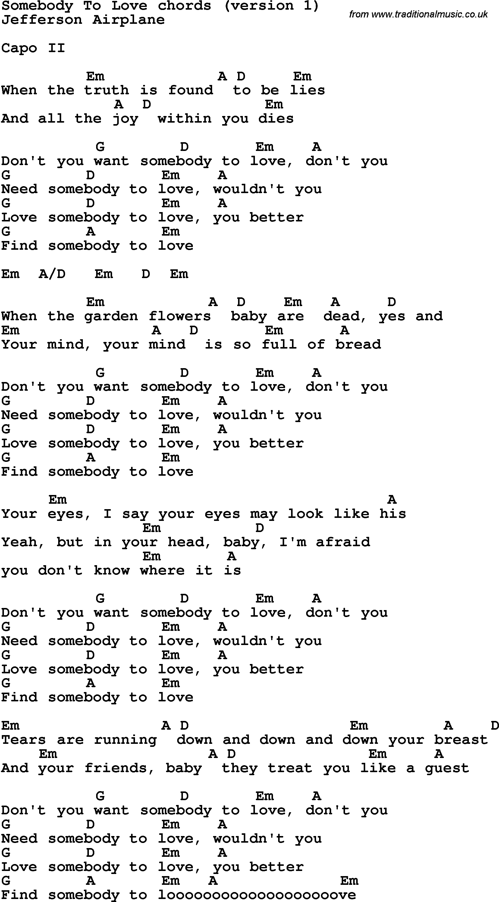 Song Lyrics with guitar chords for Somebody To Loved