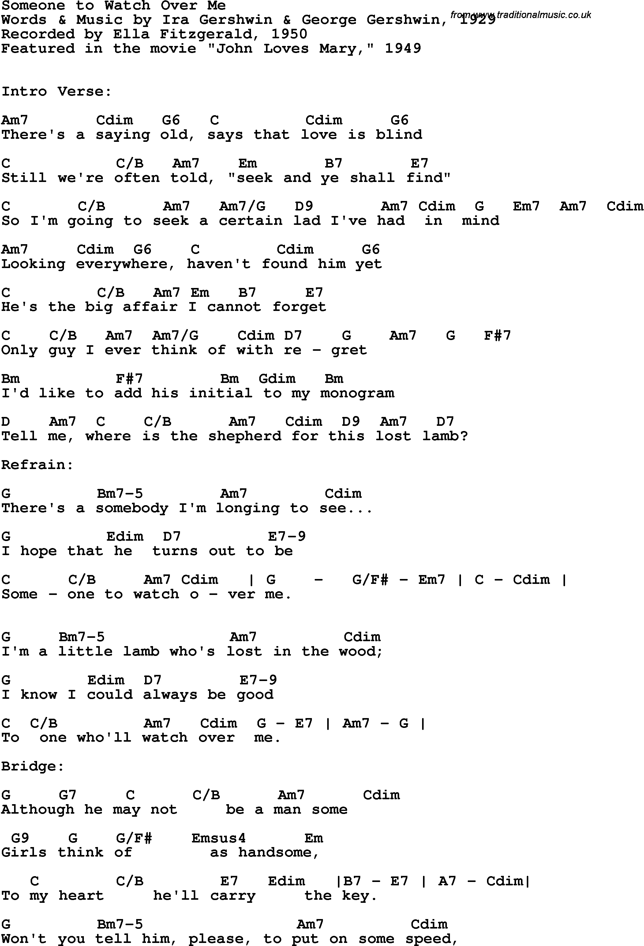 Song Lyrics with guitar chords for Someone To Watch Over Me -ella Fitzgerald, 1950