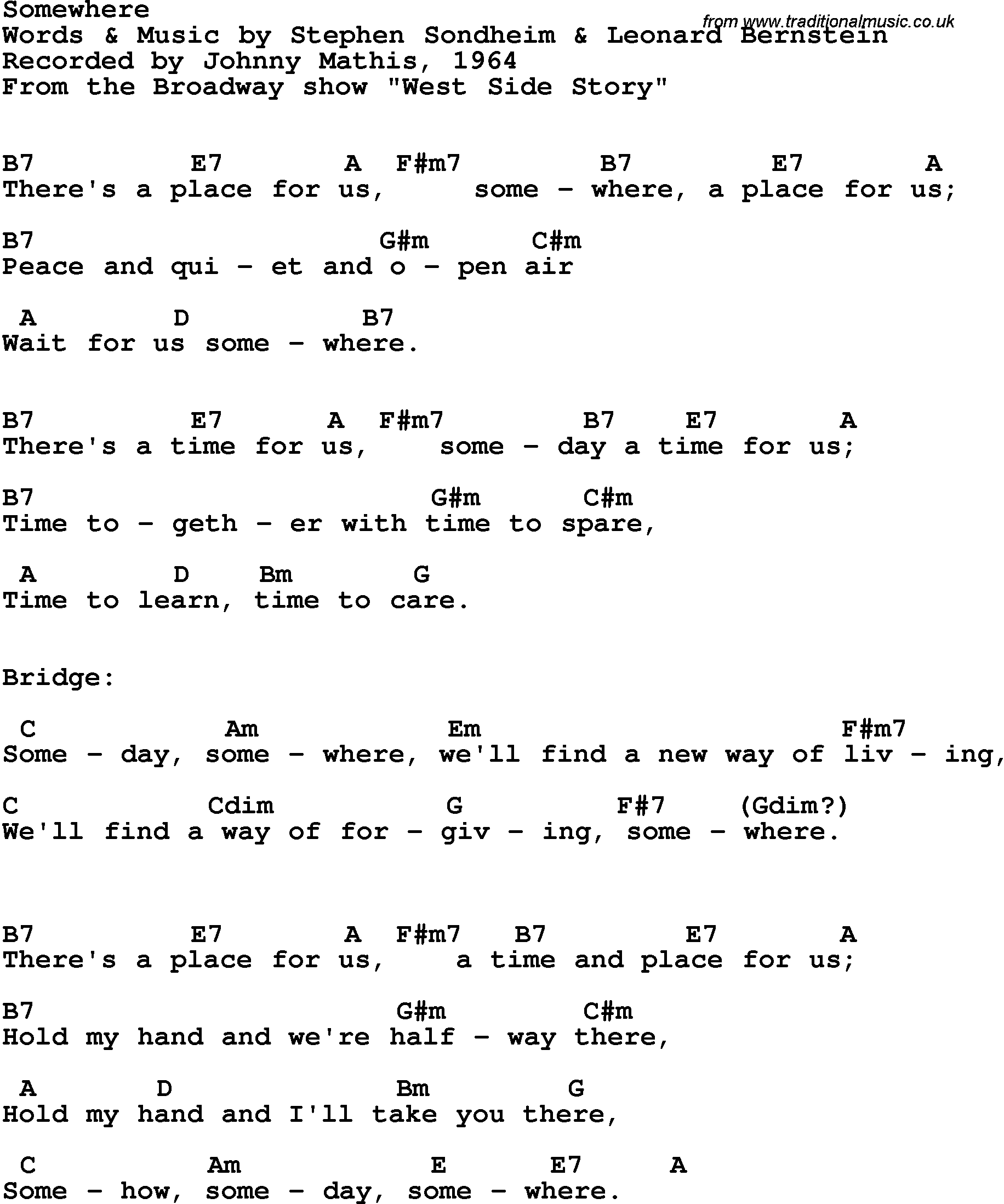 Song Lyrics with guitar chords for Somewhere - Johnny Mathis, 1964