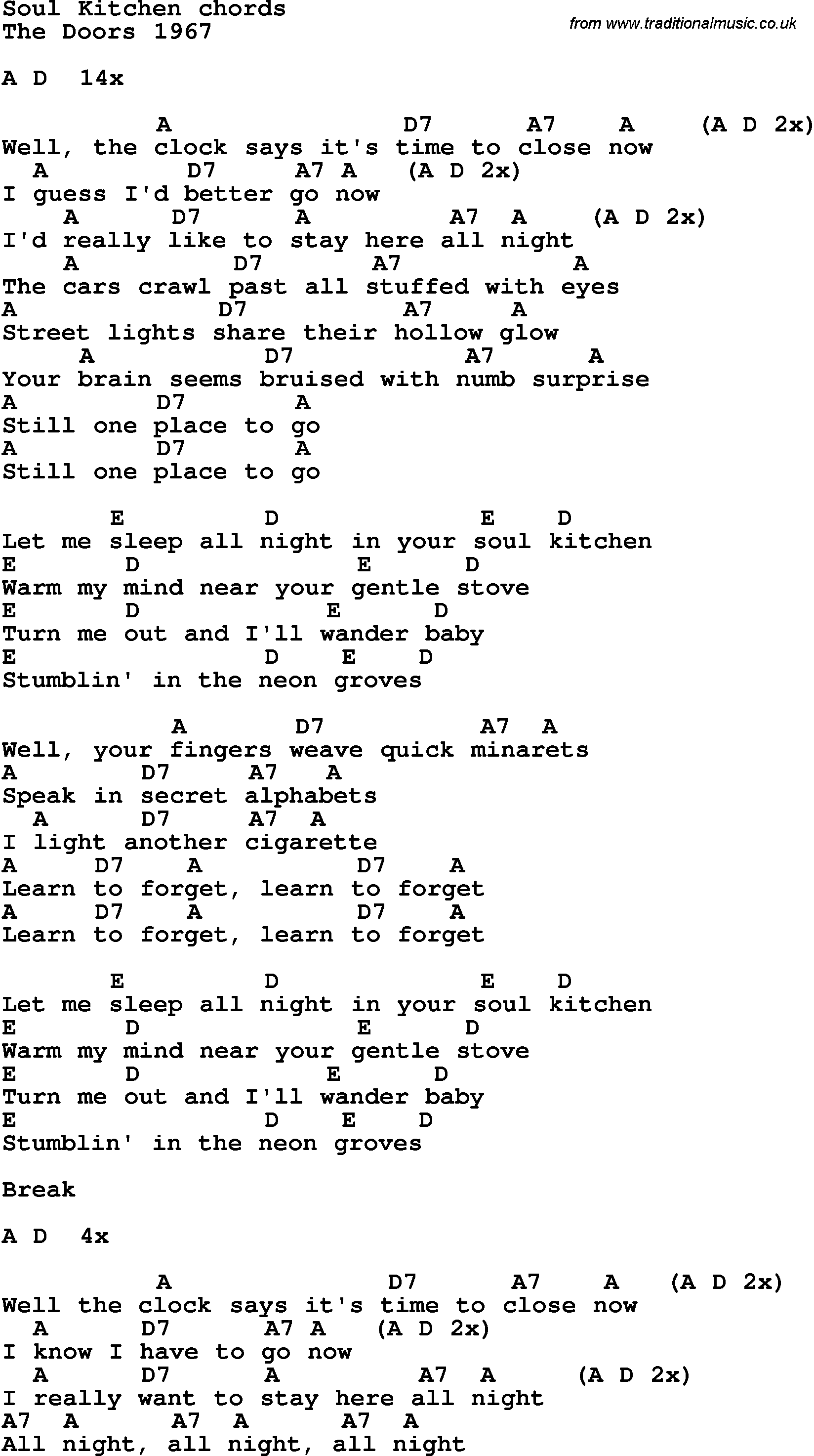 Song Lyrics with guitar chords for Soul Kitchen