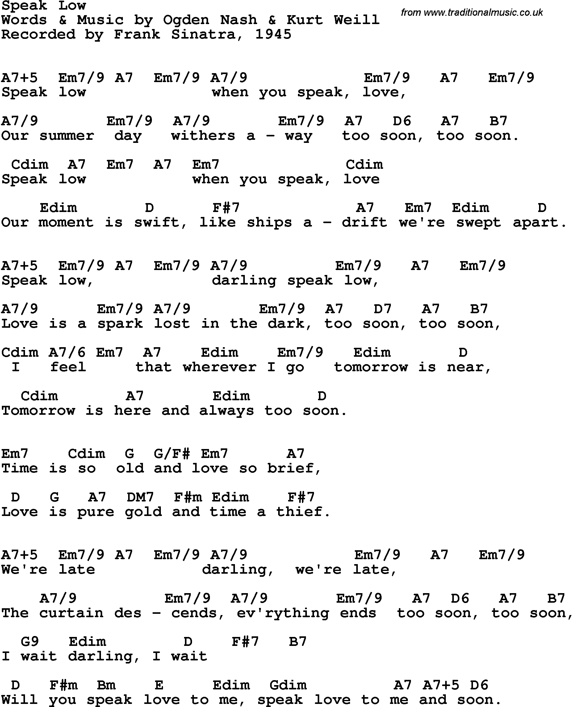 Song Lyrics with guitar chords for Speak Low - Frank Sinatra, 1945