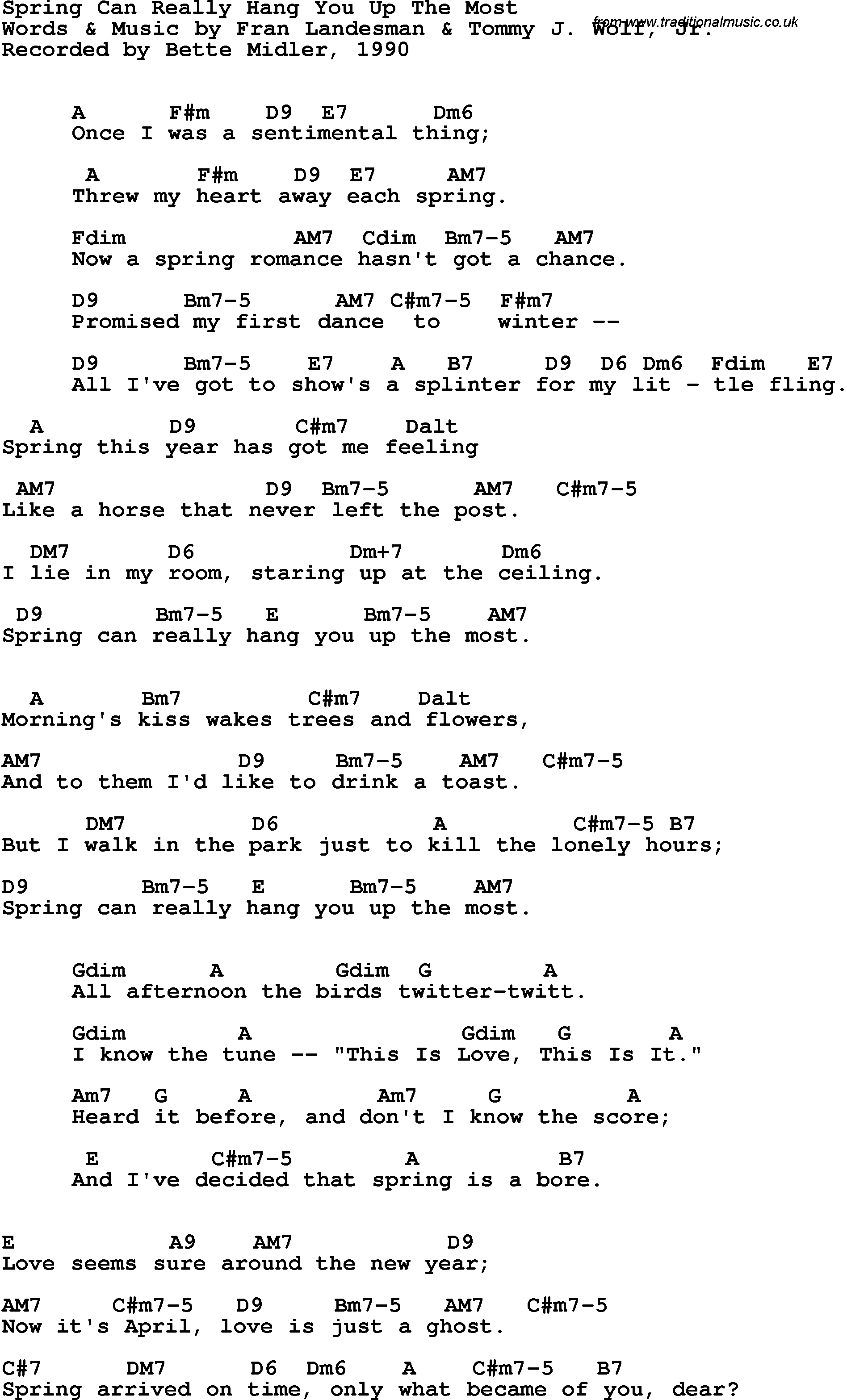 Song Lyrics with guitar chords for Spring Can Really Hang You Up The Most - Bette Midler, 1990