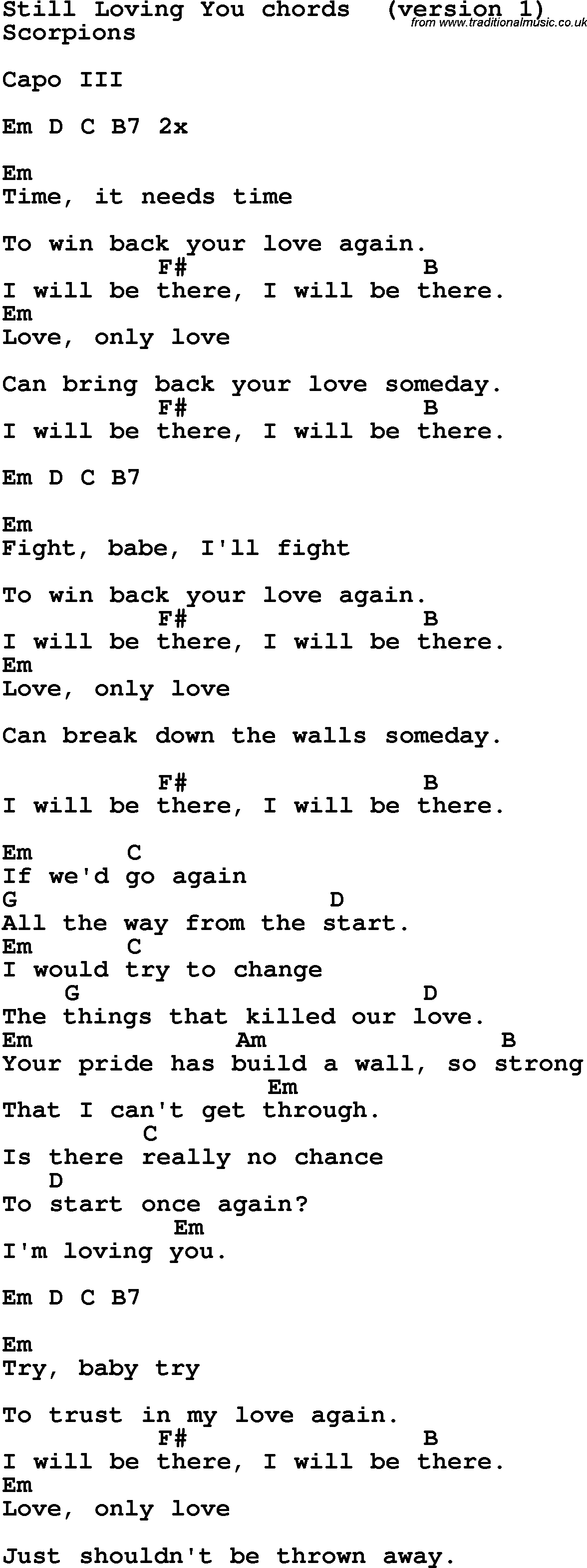 Song Lyrics with guitar chords for Still Loving You