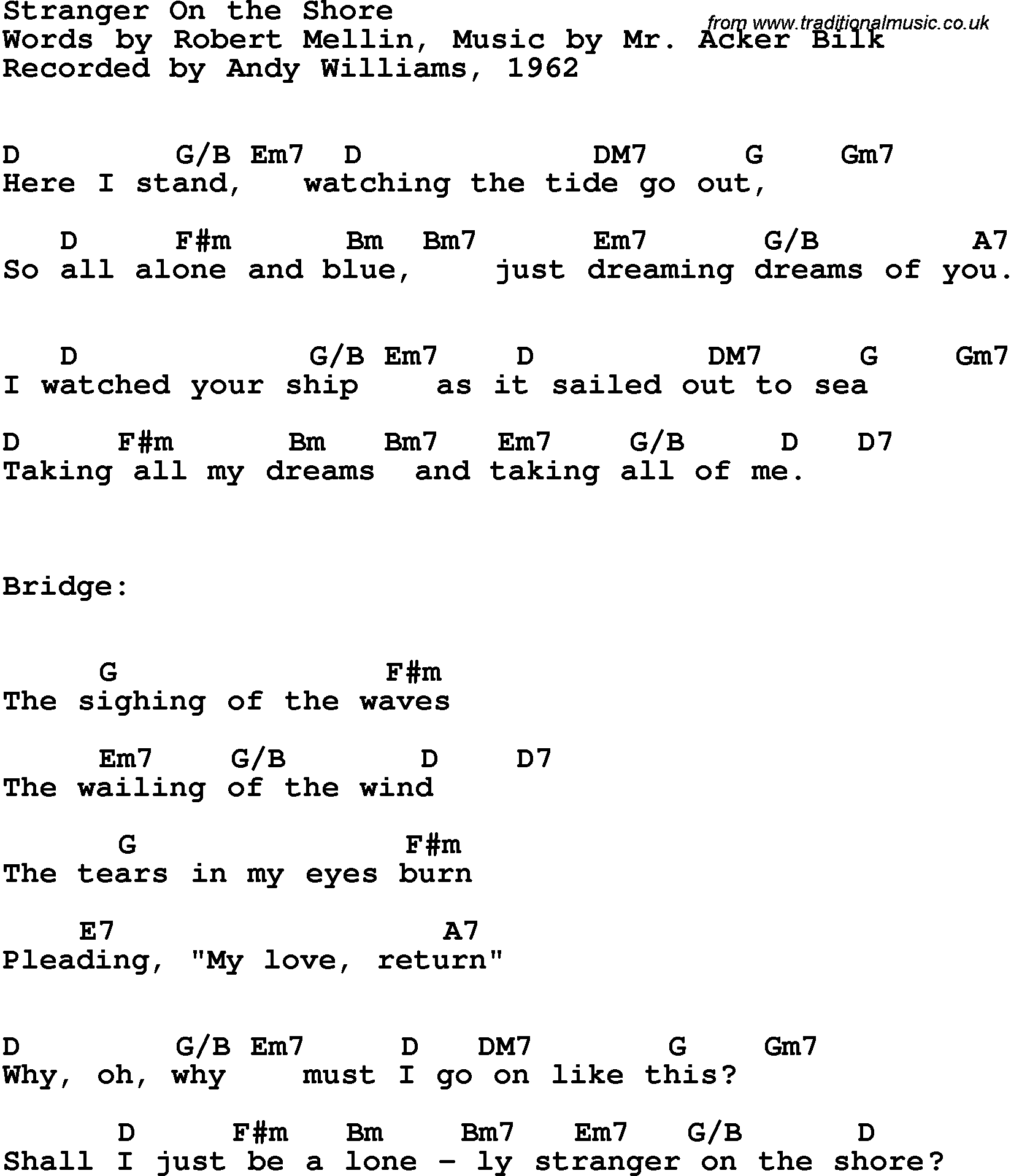 Song Lyrics with guitar chords for Stranger On The Shore - Andy Williams, 1962