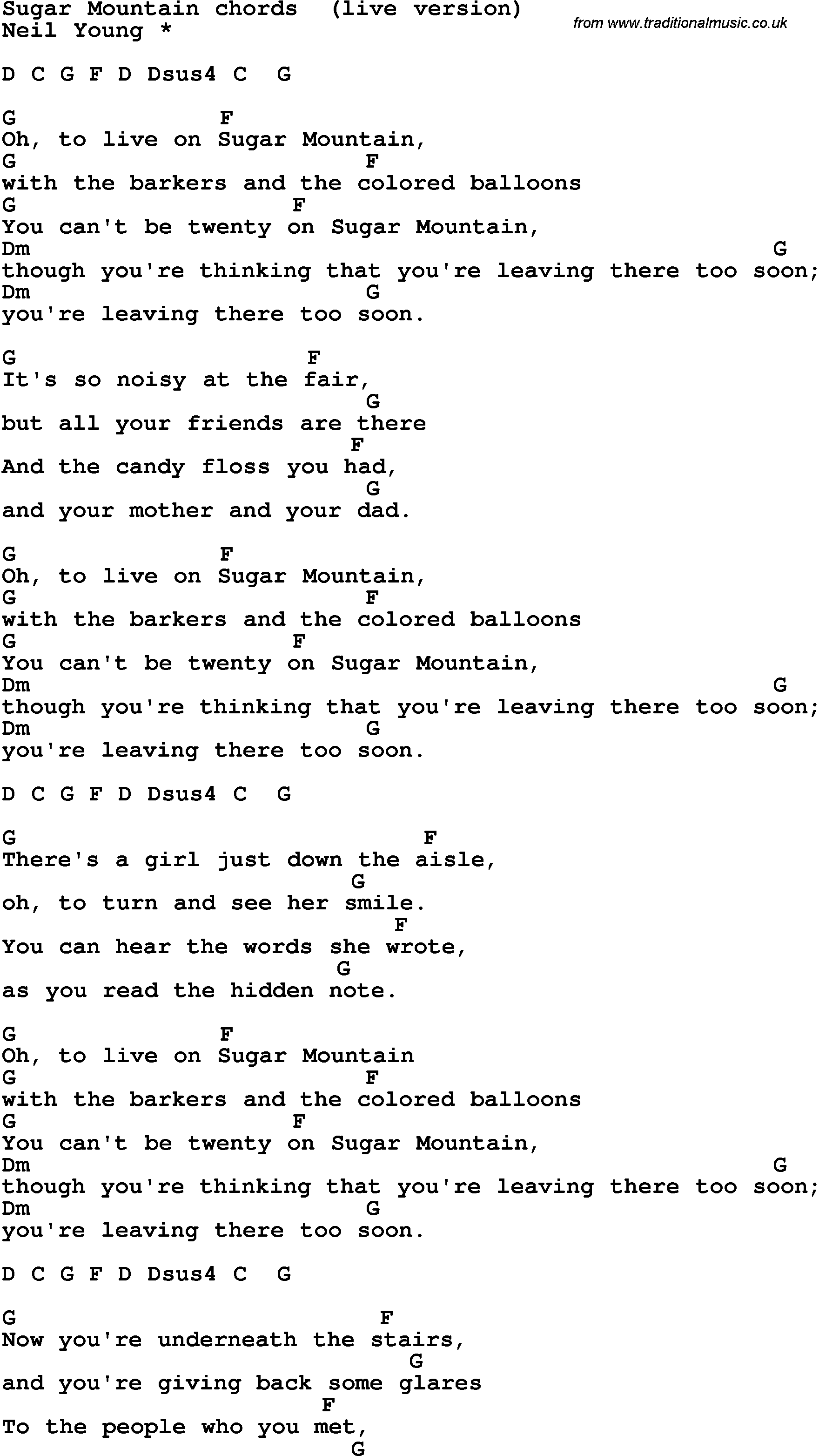 Song Lyrics with guitar chords for Sugar Mountain