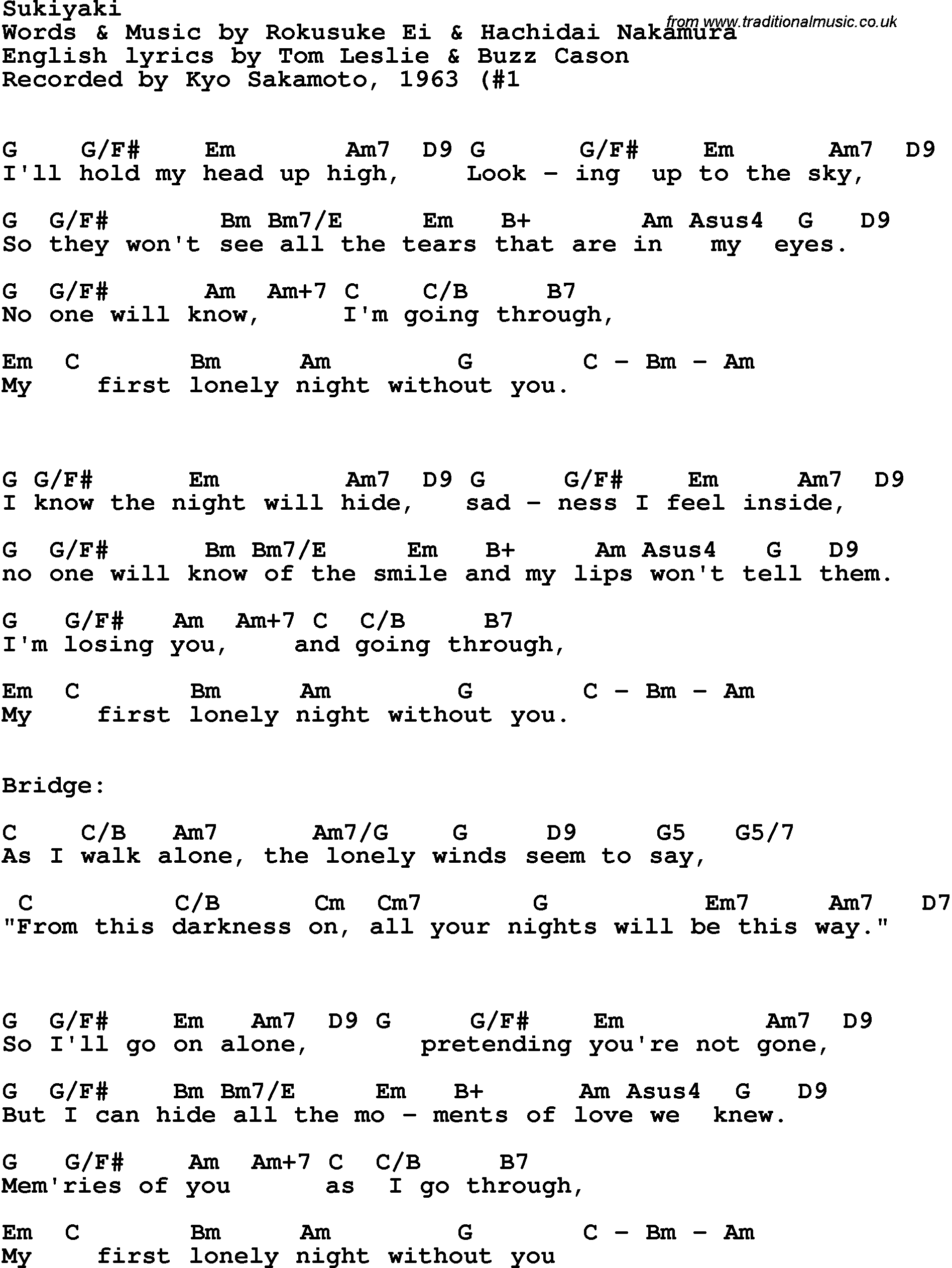 Song Lyrics with guitar chords for Sukiyaki - Kyo Sakamoto, 1964
