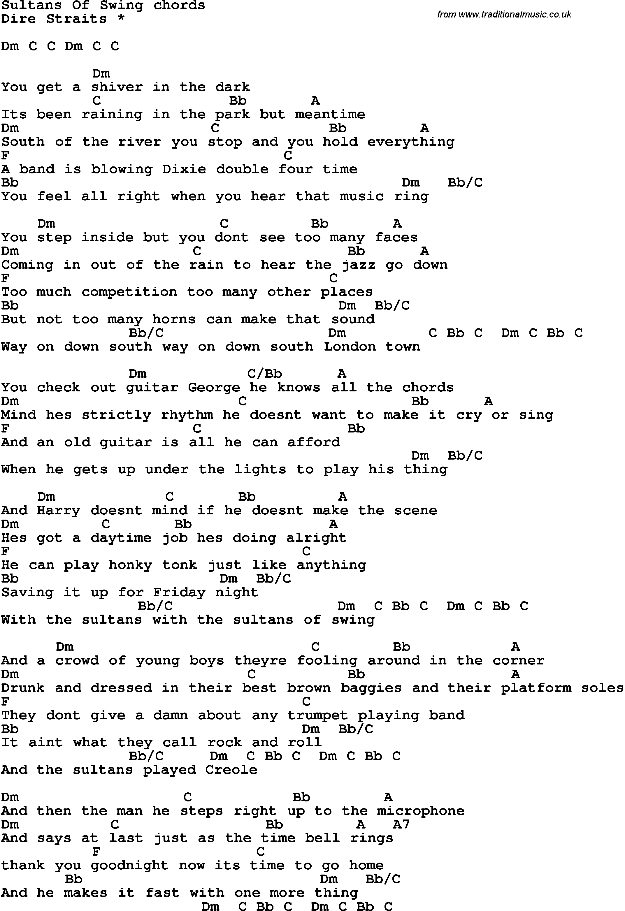 Song Lyrics with guitar chords for Sultans Of Swing - Dire Straits