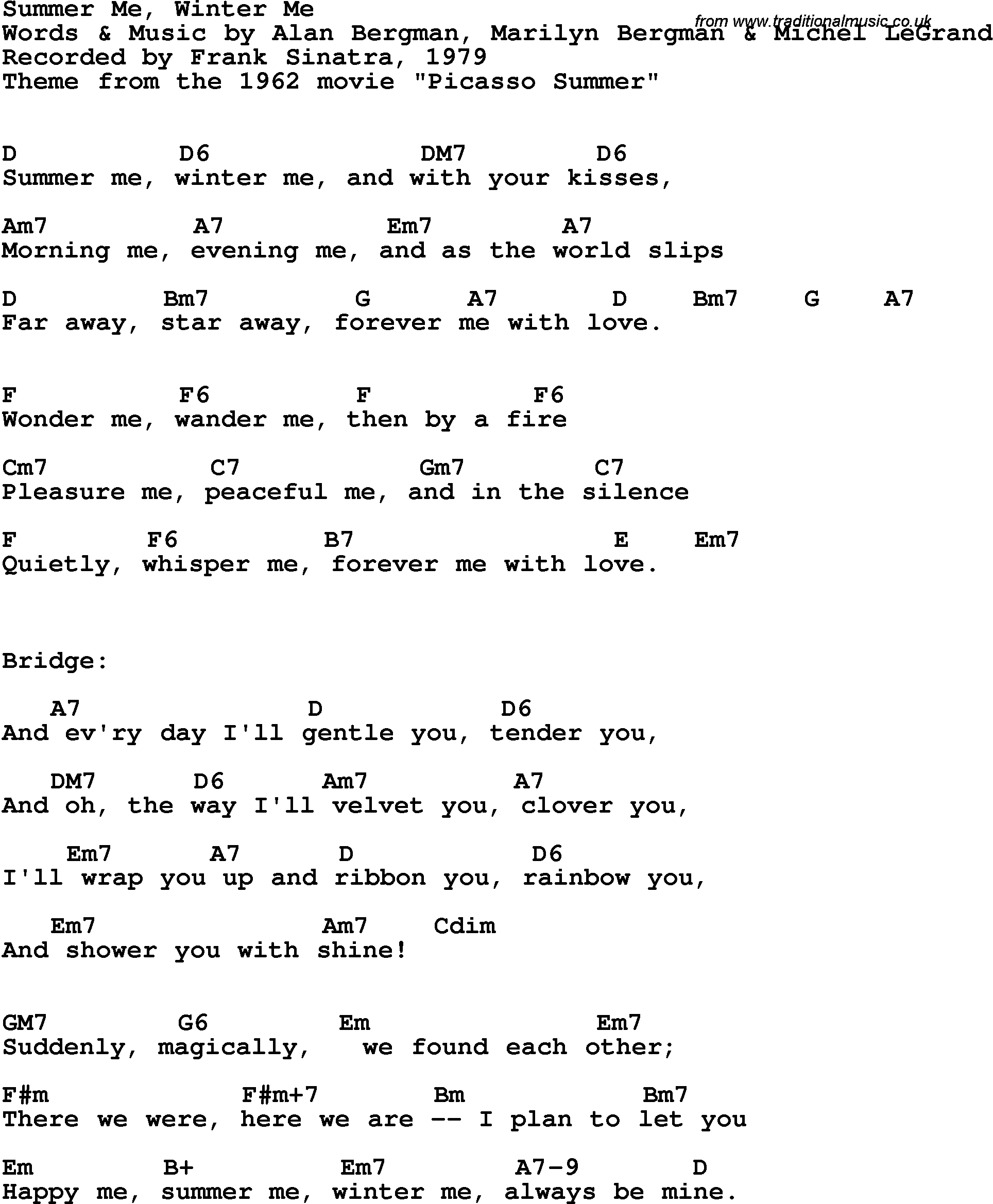 Song Lyrics with guitar chords for Summer Me, Winter Me - Frank Sinatra, 1979