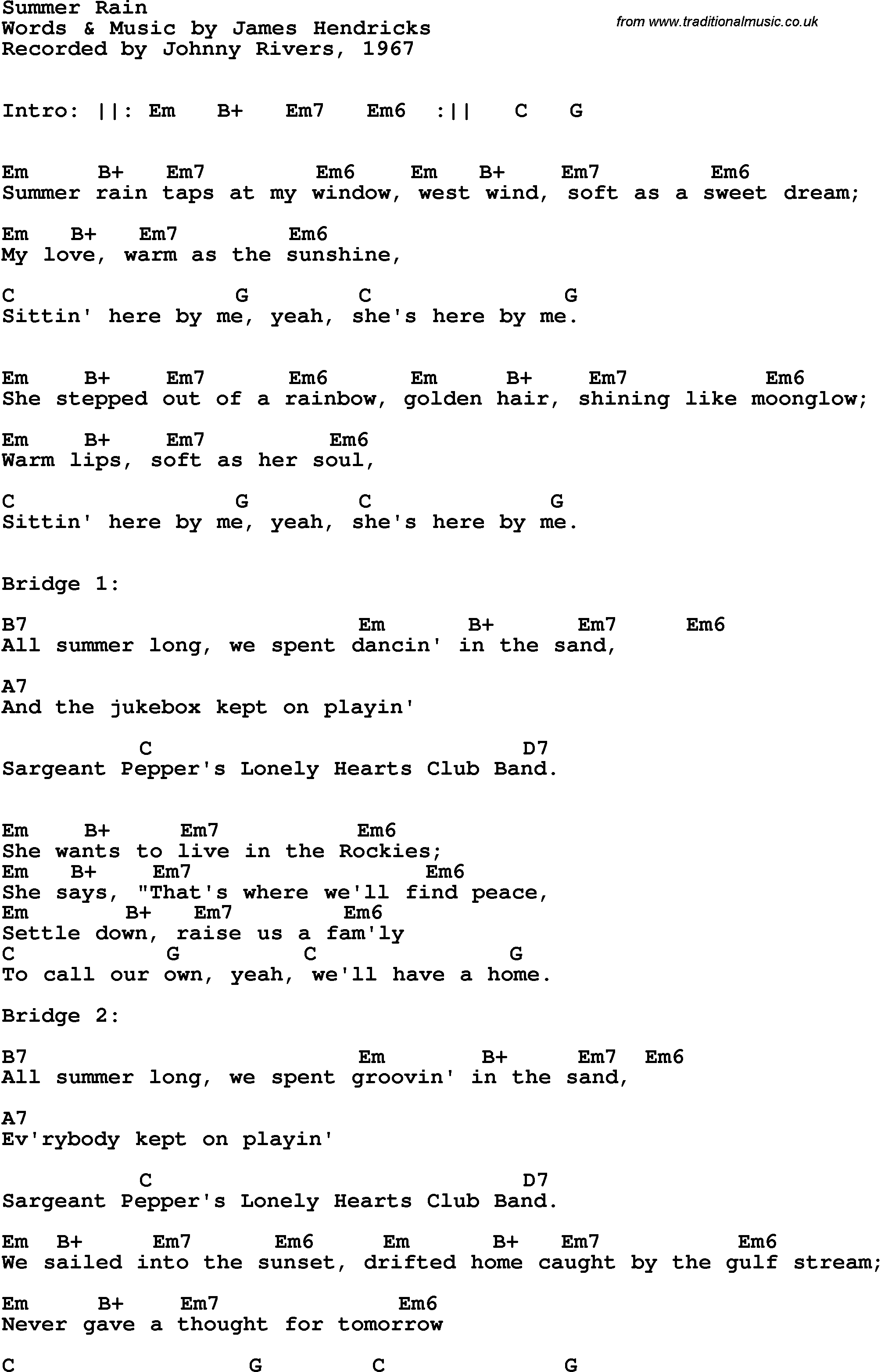 Song Lyrics with guitar chords for Summer Rain - Johnny Rivers, 1967