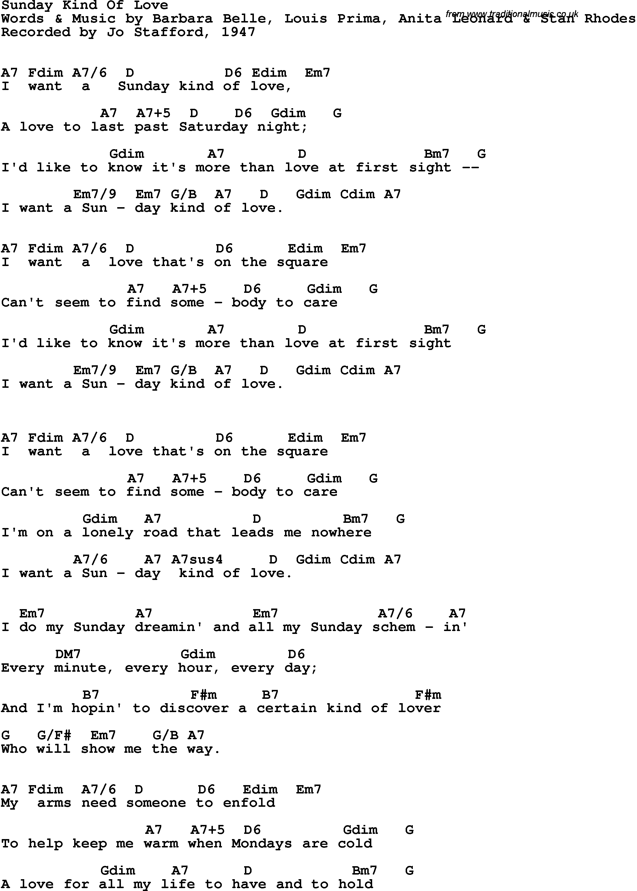 Song Lyrics with guitar chords for Sunday Kind Of Love - Jo Stafford, 1947