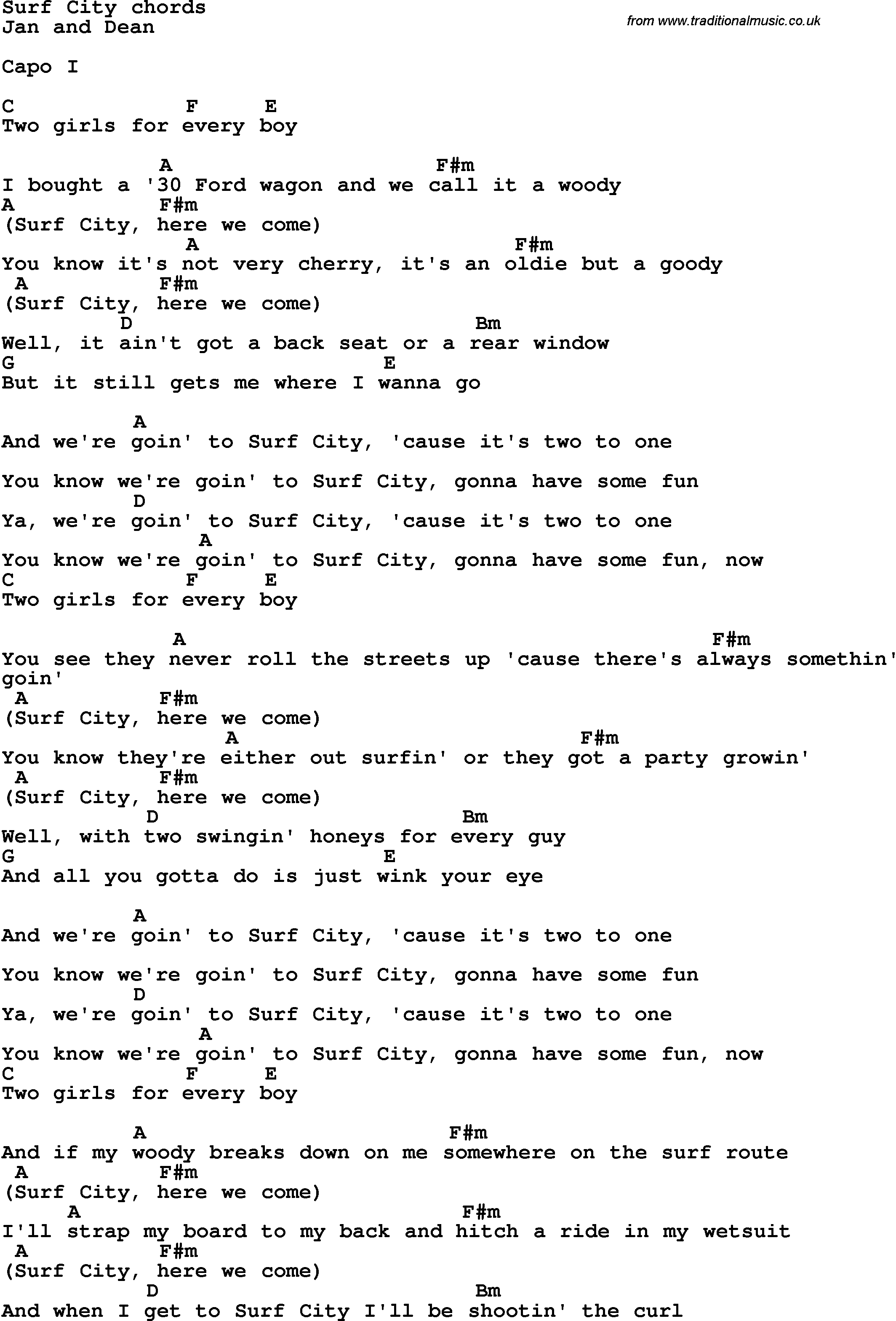 Song Lyrics with guitar chords for Surf City