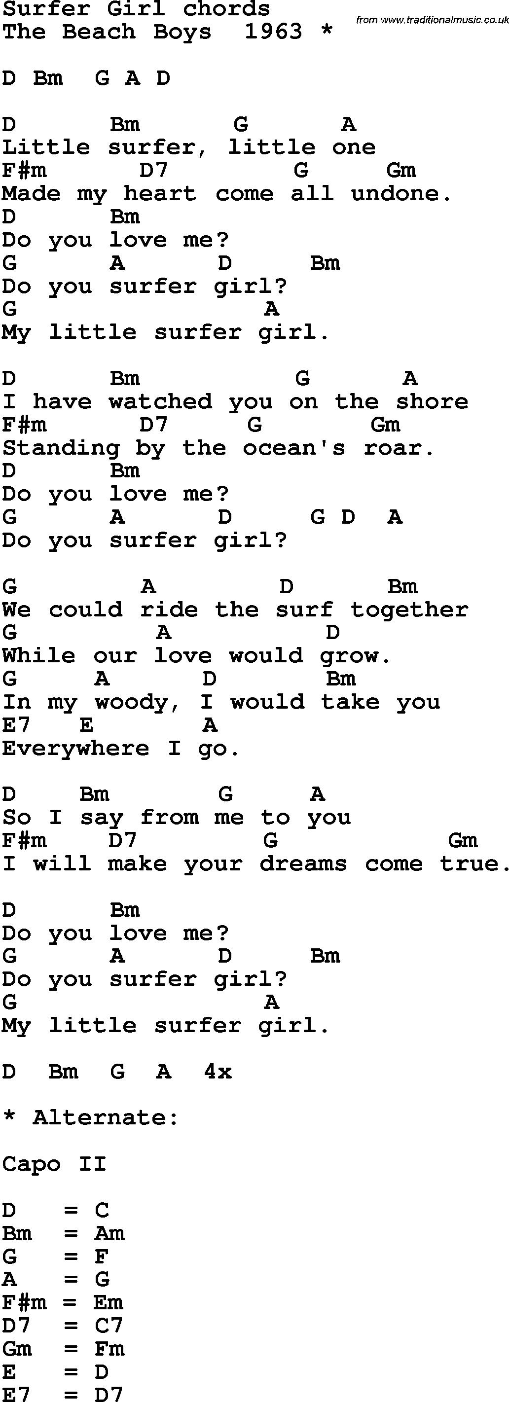 Song Lyrics with guitar chords for Surfer Girl