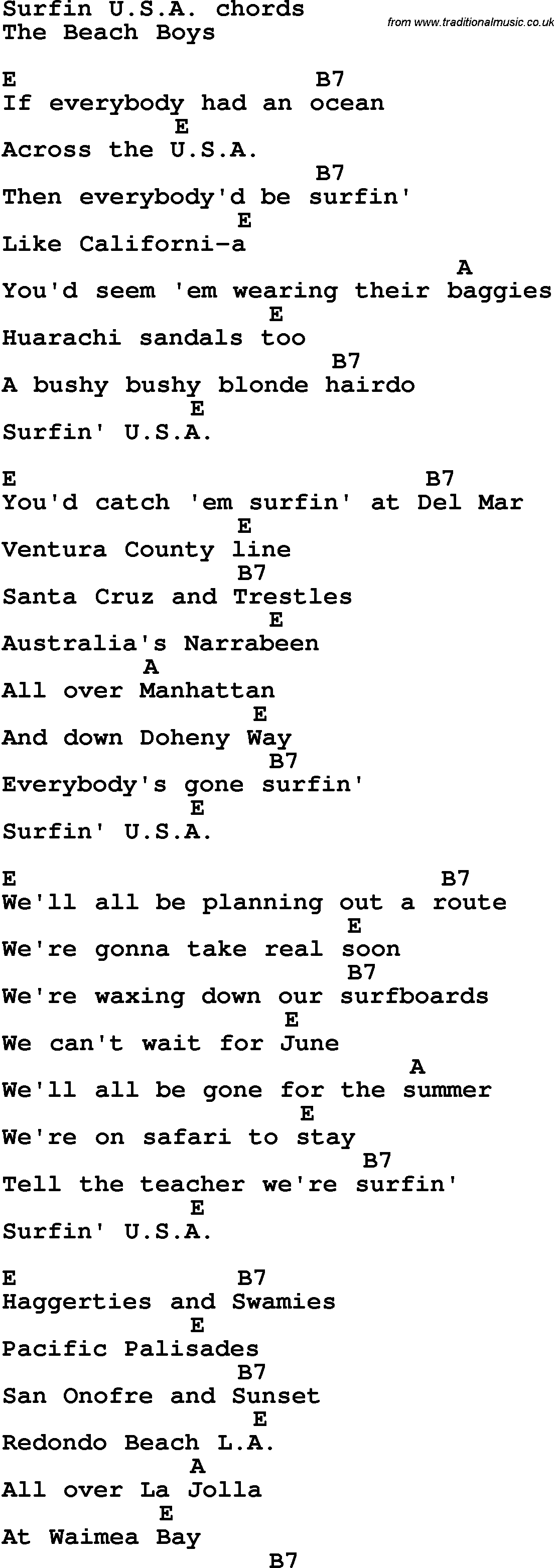 Song Lyrics with guitar chords for Surfin USA